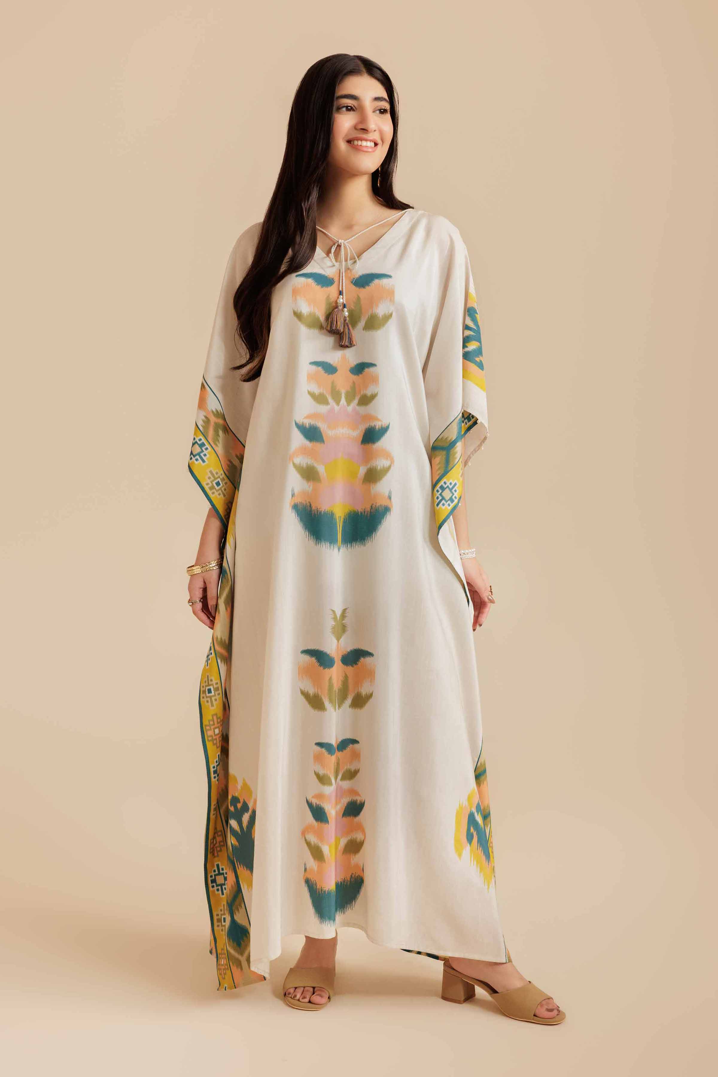 NishatUK - Beige Printed Silk 1-piece ready to wear Long Dress