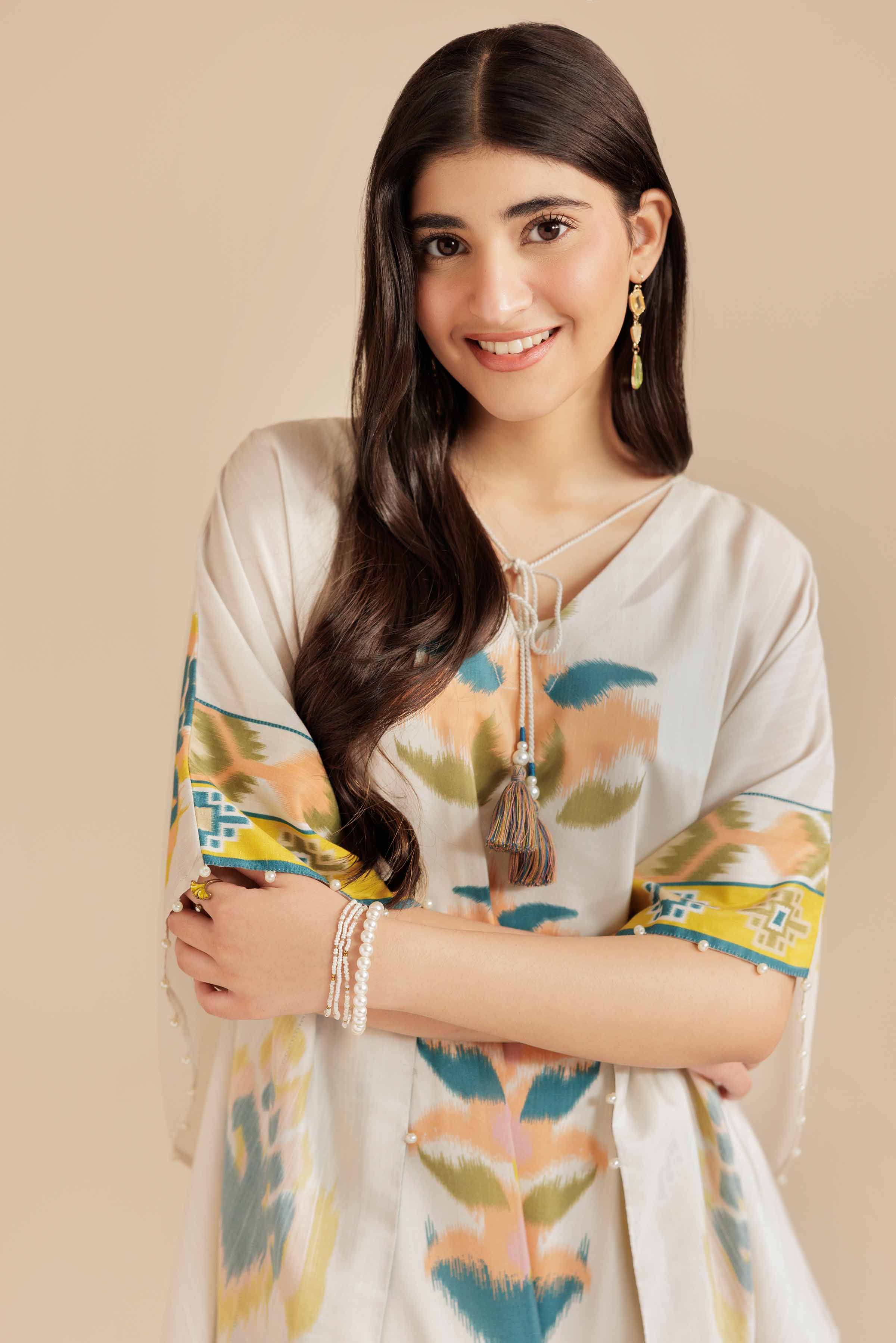NishatUK - Beige Printed Silk 1-piece ready to wear Long Dress
