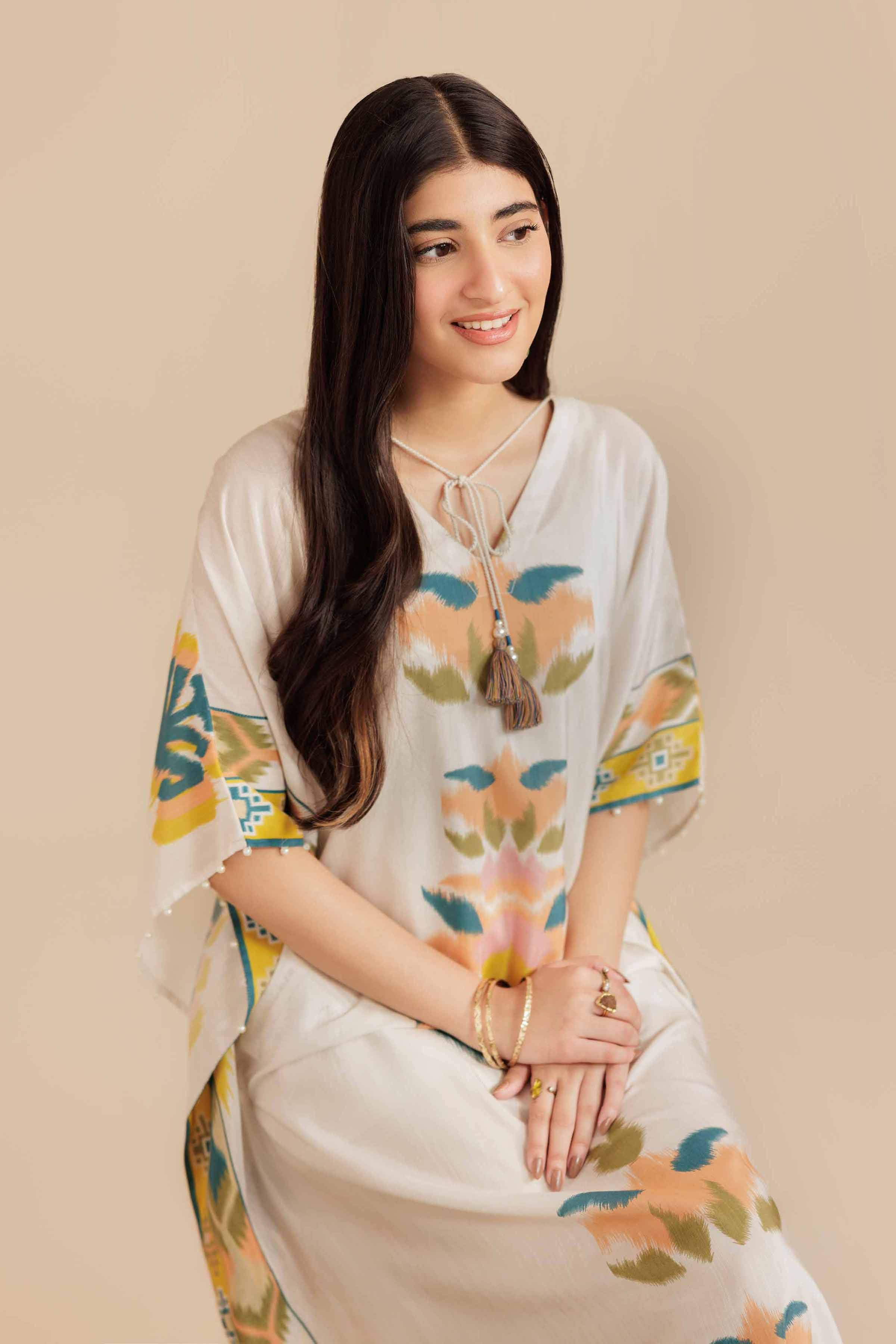 NishatUK - Beige Printed Silk 1-piece ready to wear Long Dress