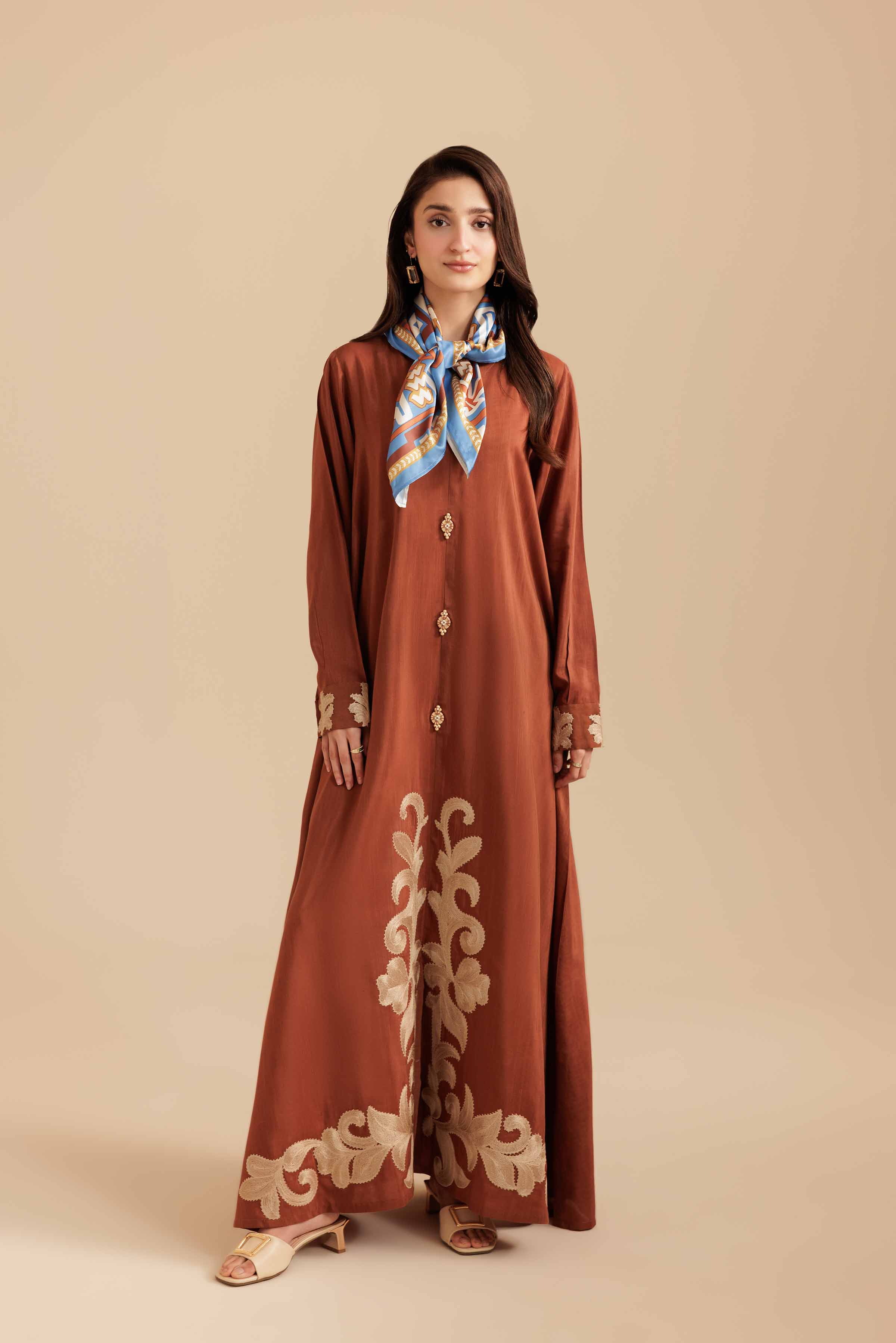 NishatUK - Rust Embroidered Silk 2-piece ready to wear Long Dress
