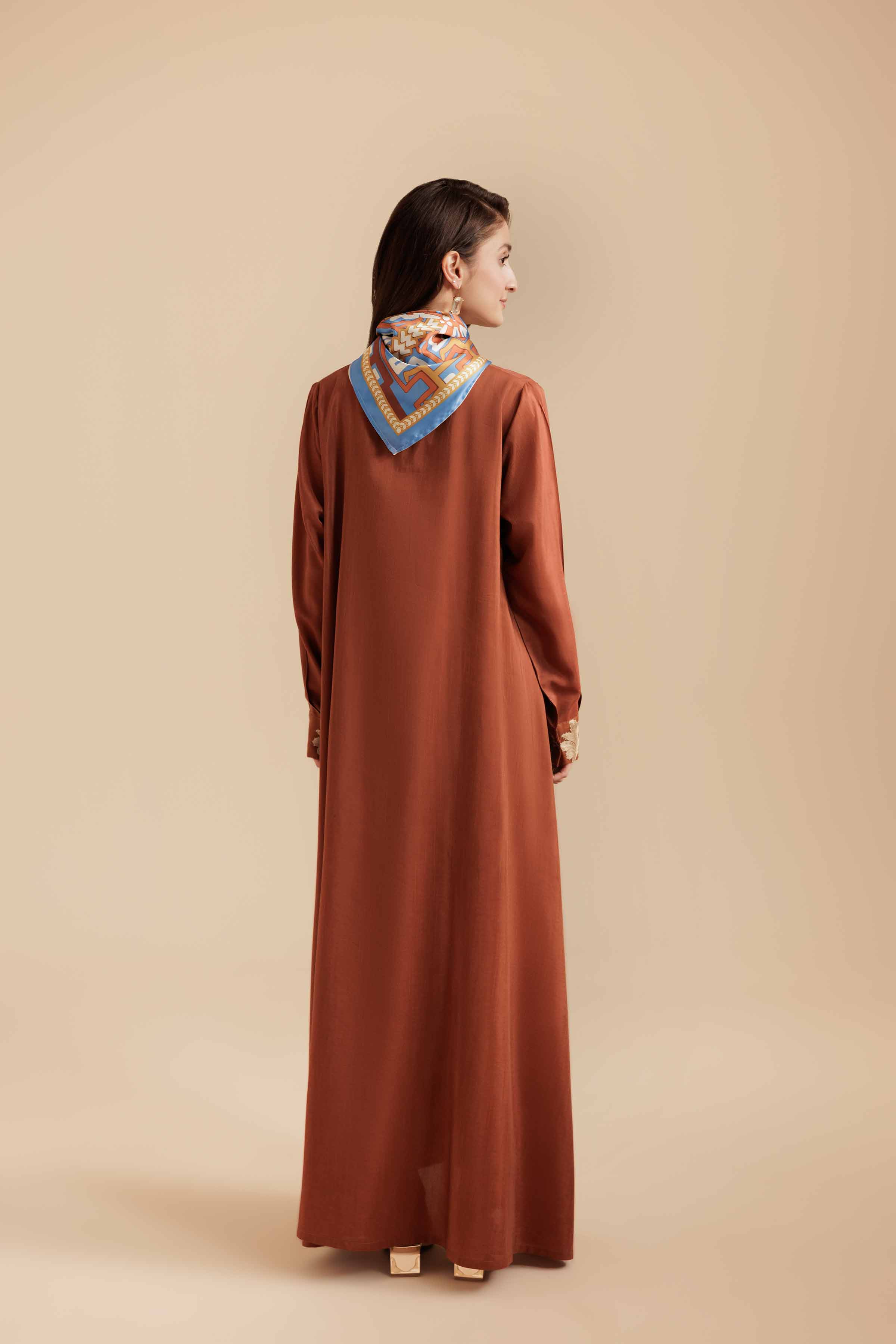 NishatUK - Rust Embroidered Silk 2-piece ready to wear Long Dress