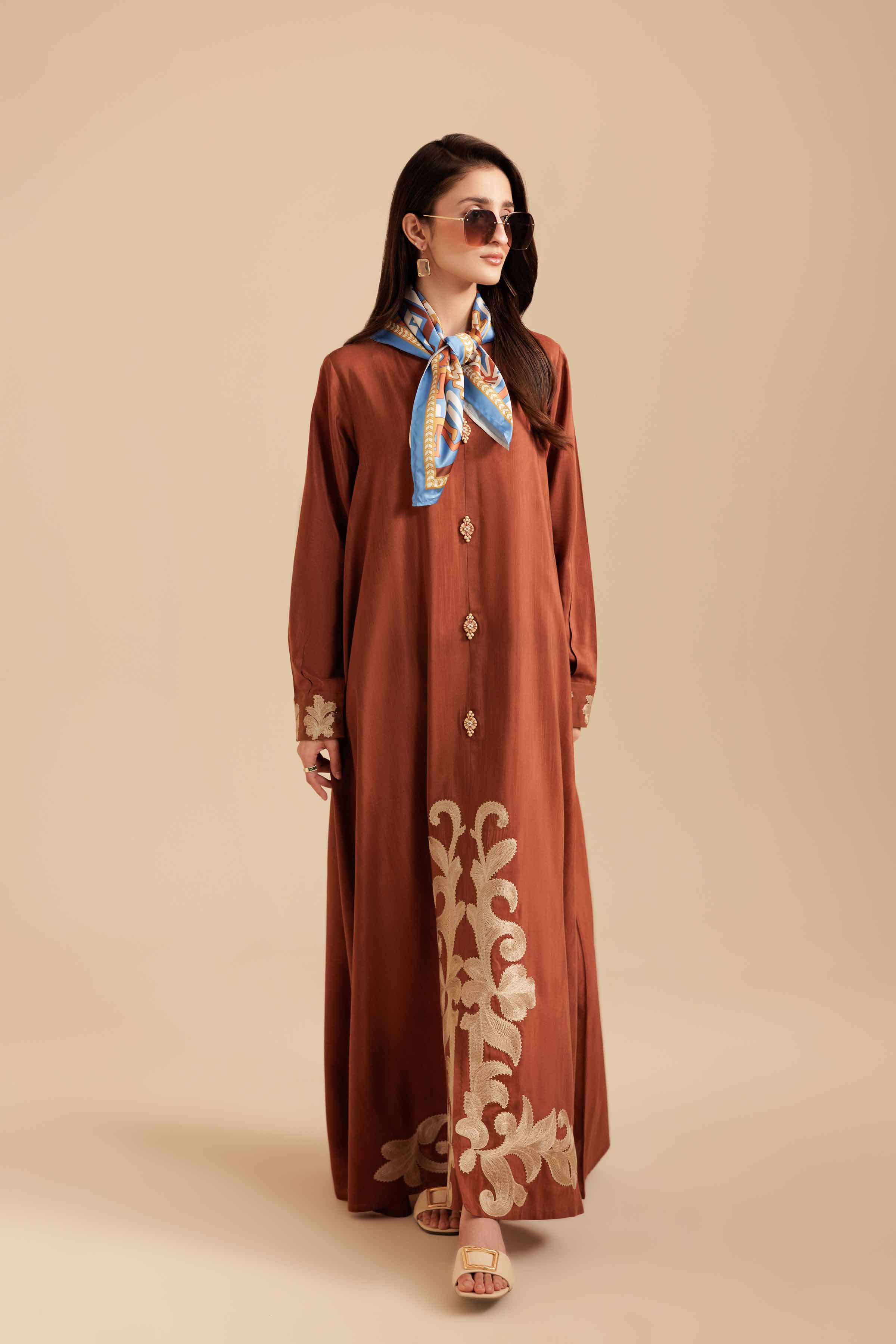 NishatUK - Rust Embroidered Silk 2-piece ready to wear Long Dress