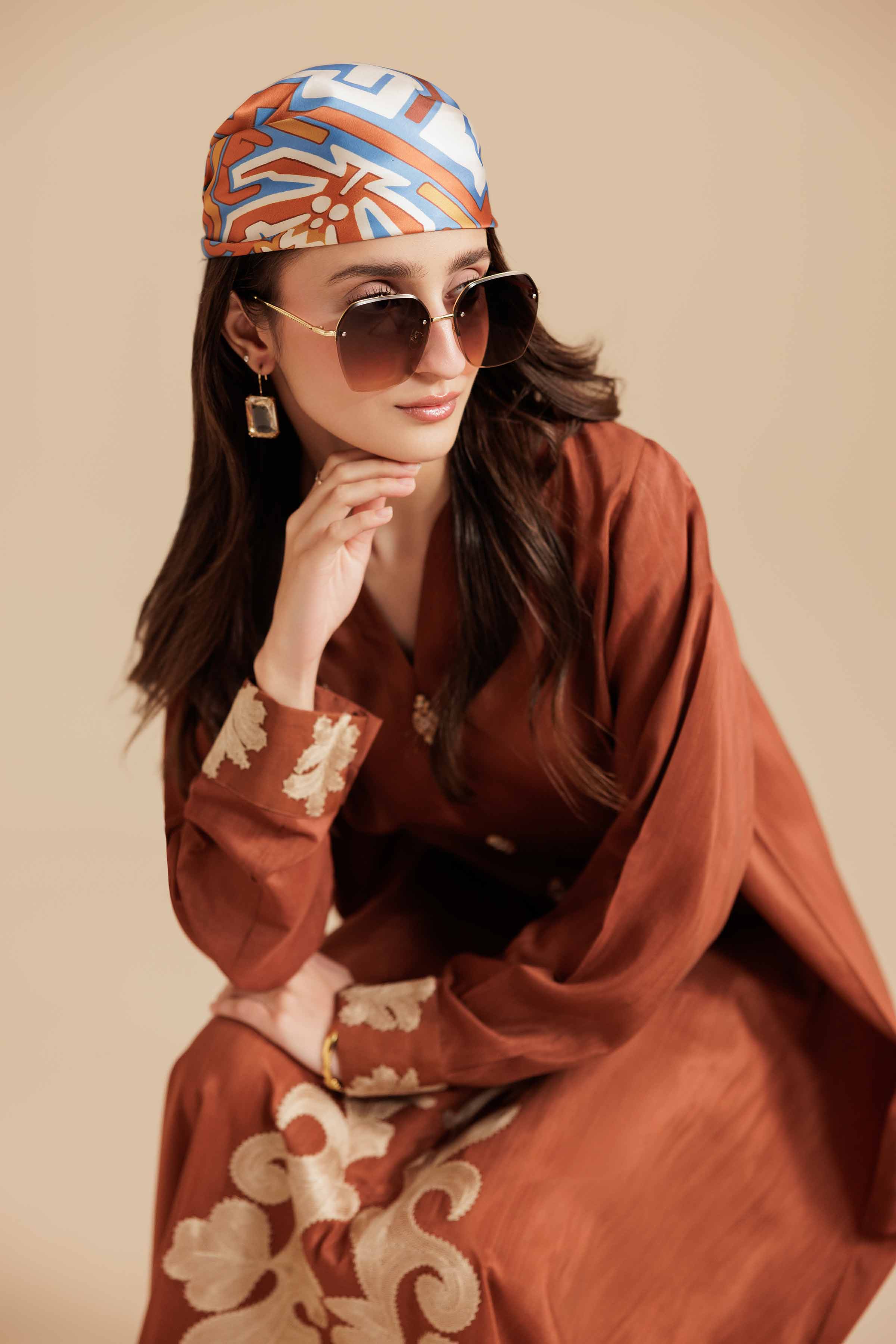 NishatUK - Rust Embroidered Silk 2-piece ready to wear Long Dress