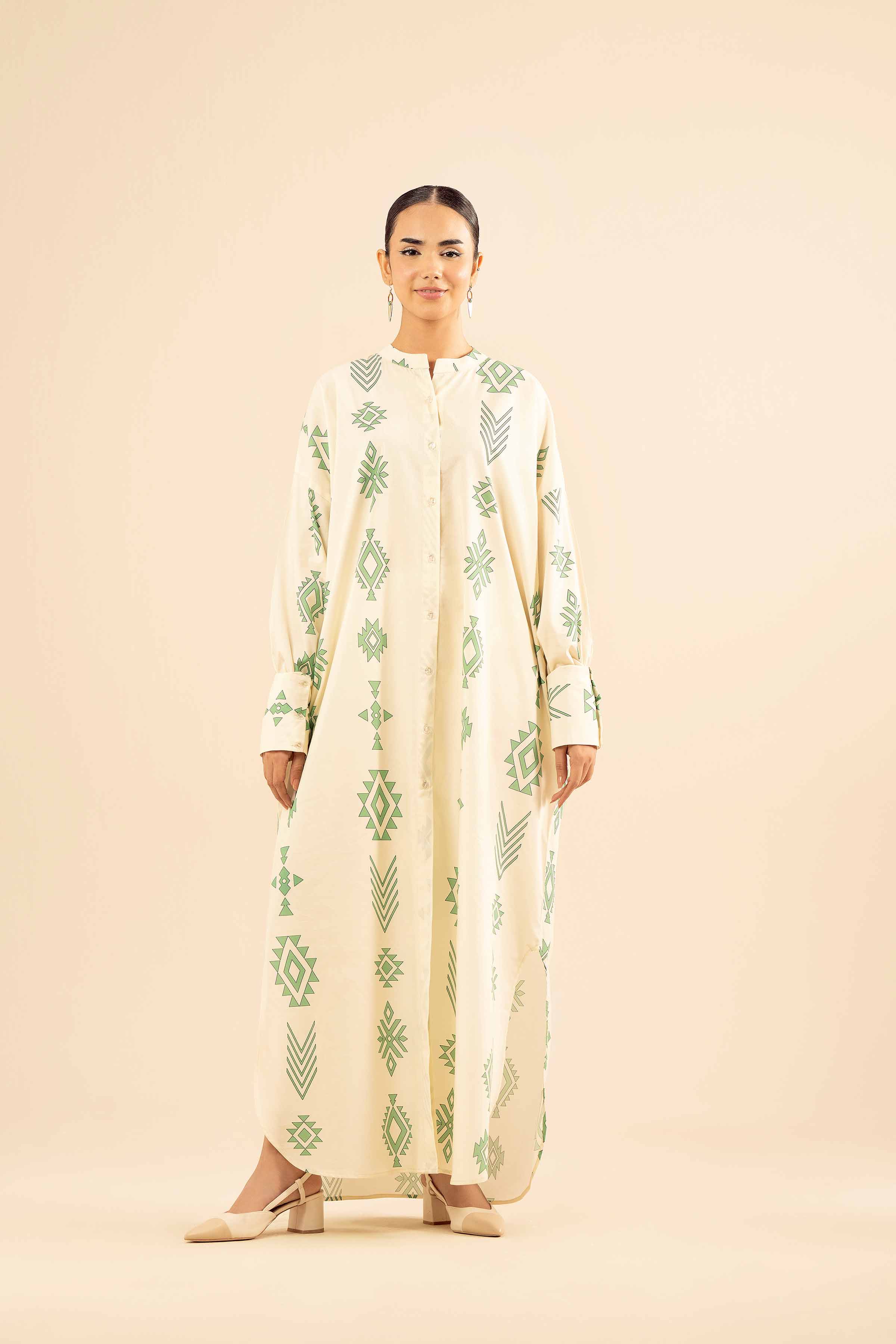 NishatUK - Beige Printed Cotton 1-piece ready to wear Fustan