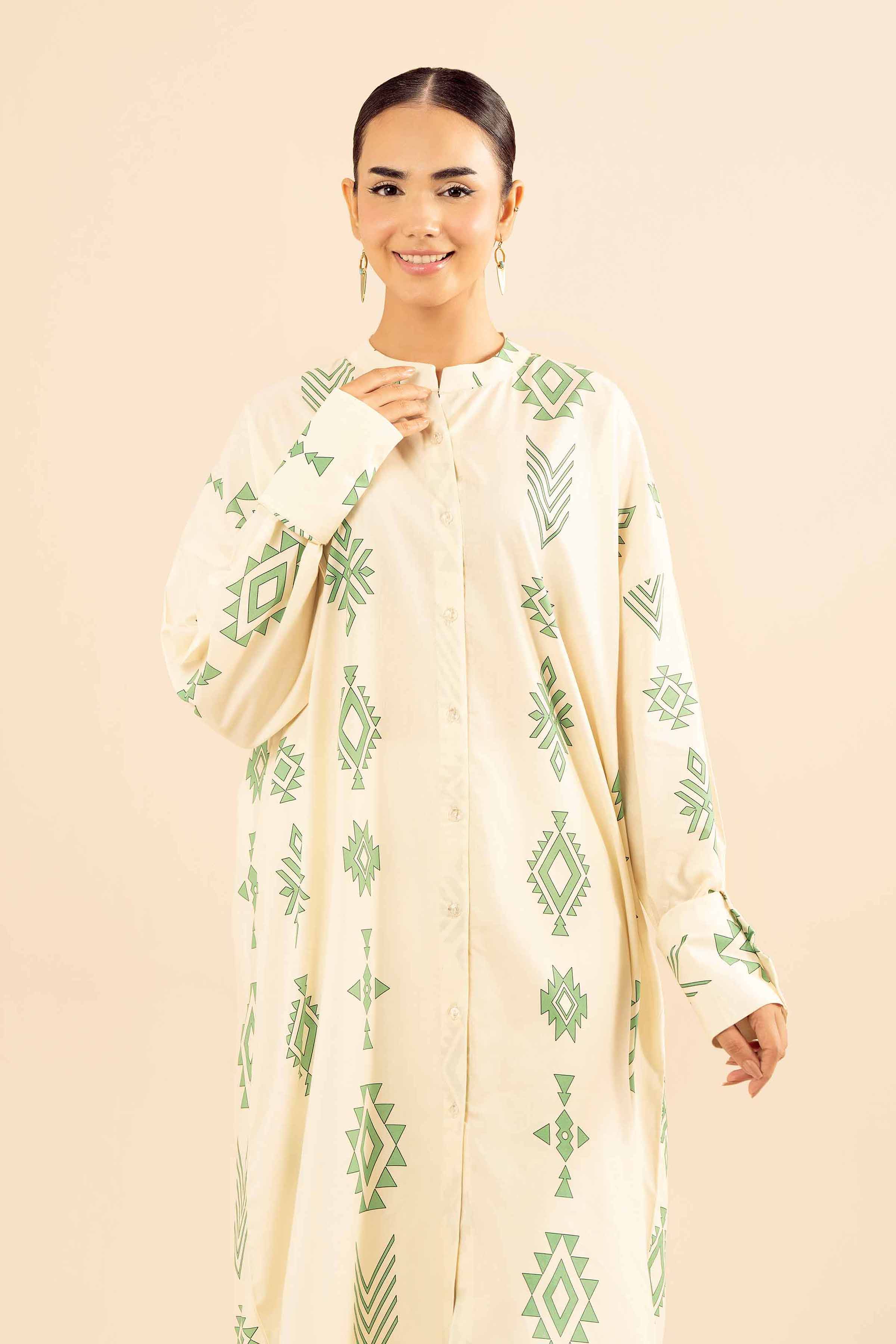 NishatUK - Beige Printed Cotton 1-piece ready to wear Fustan