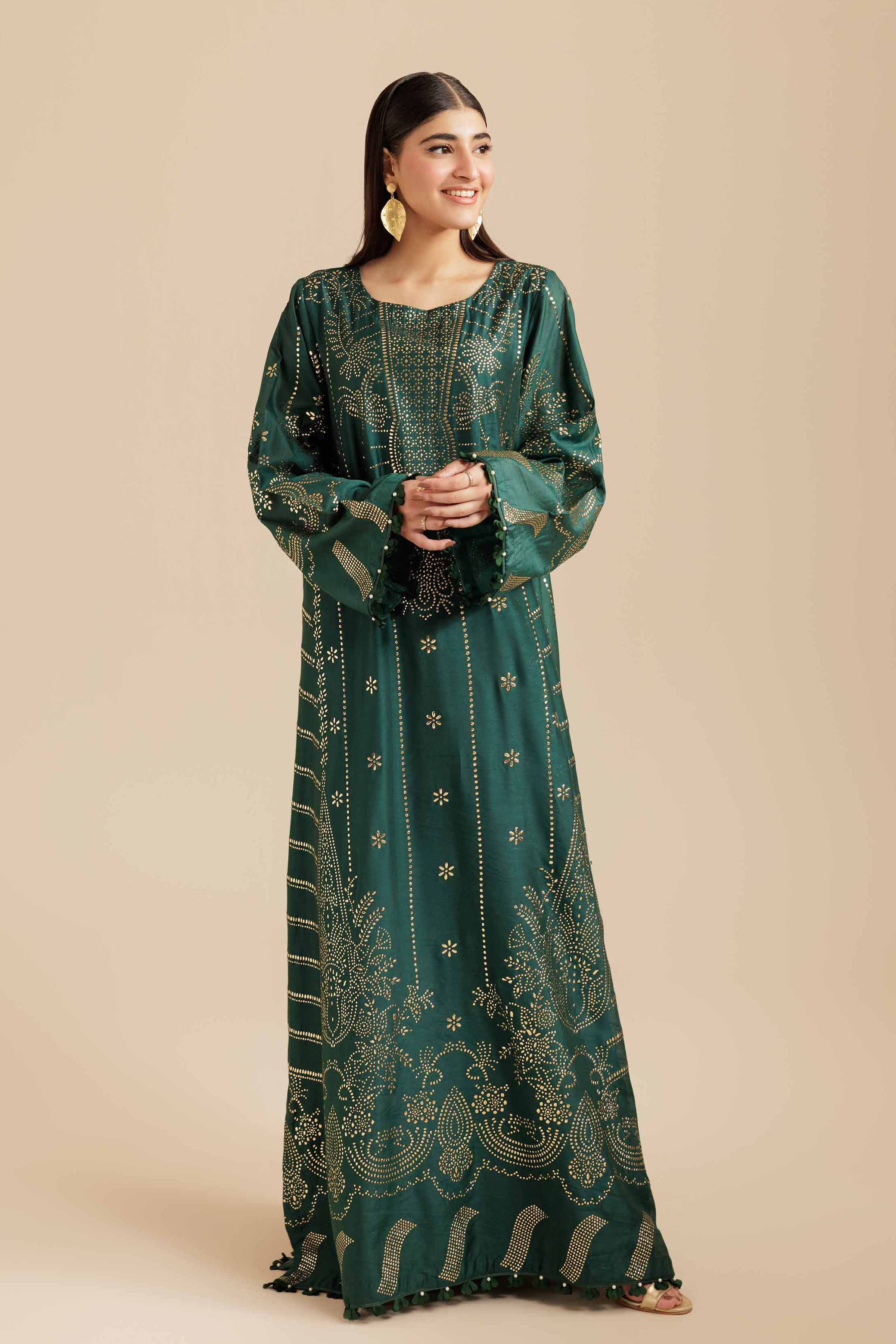 NishatUK - Dark Green Mukesh 1-piece ready to wear Long Dress