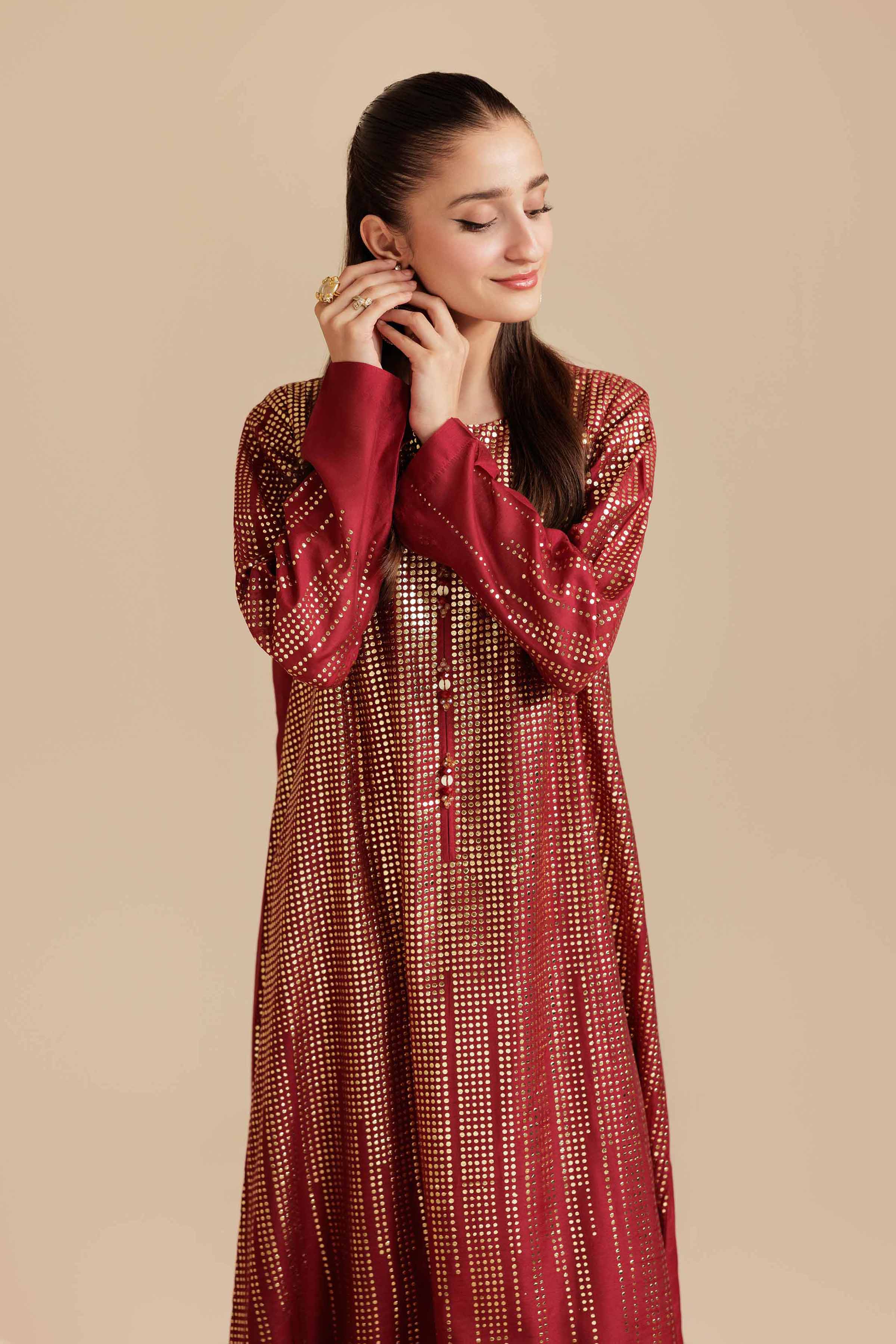 NishatUK - Maroon Solids Mukesh 1-piece ready to wear Long Dress