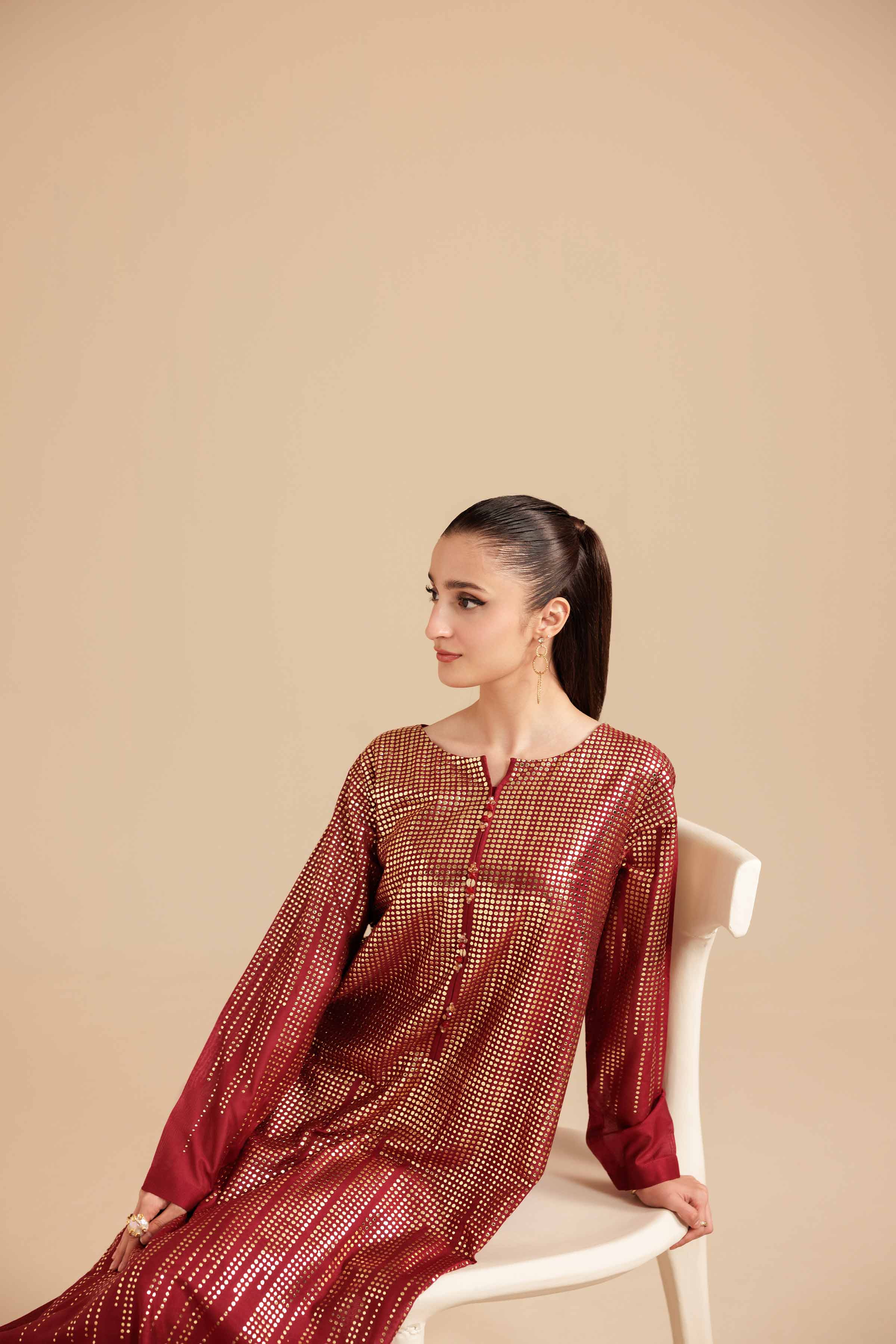 NishatUK - Maroon Solids Mukesh 1-piece ready to wear Long Dress