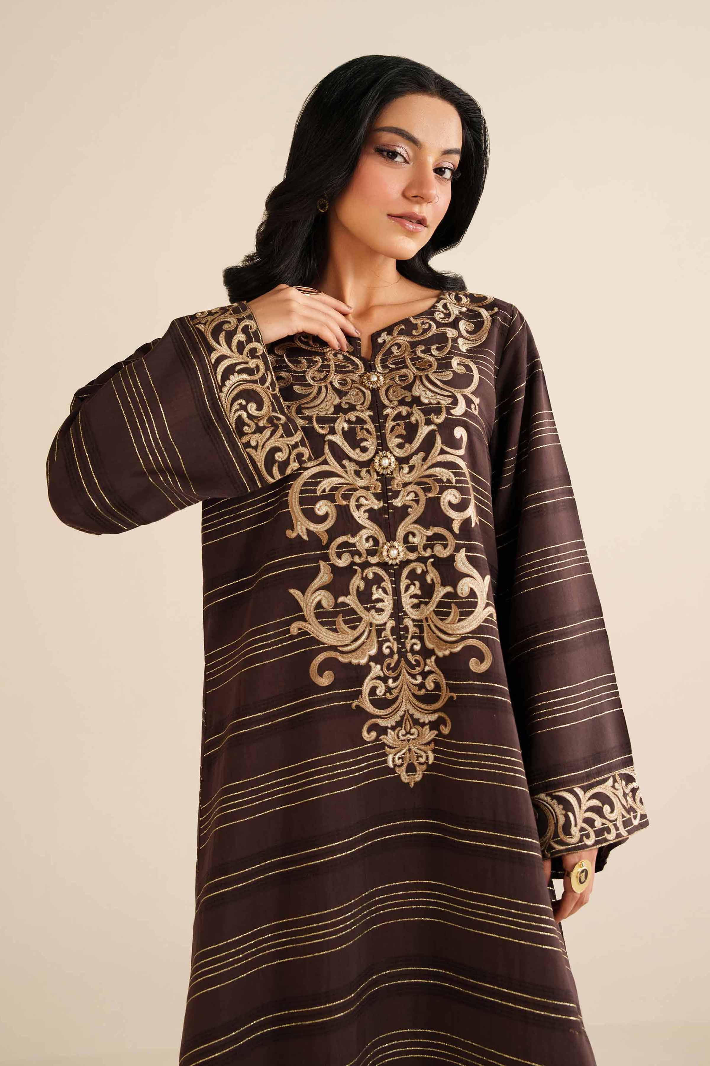 NishatUK - Brown Fancy Gold 1-piece ready to wear Long Dress
