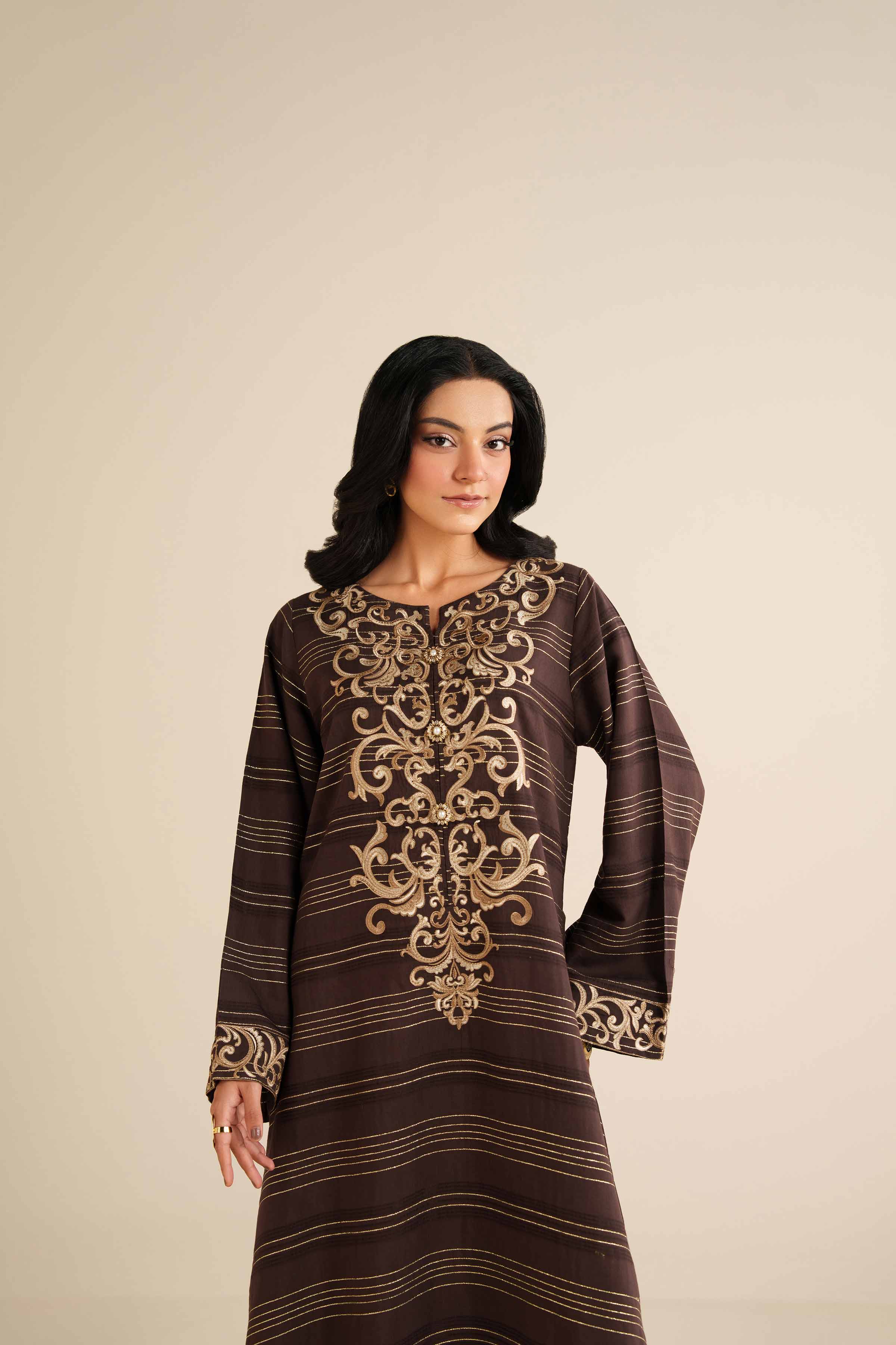 NishatUK - Brown Fancy Gold 1-piece ready to wear Long Dress