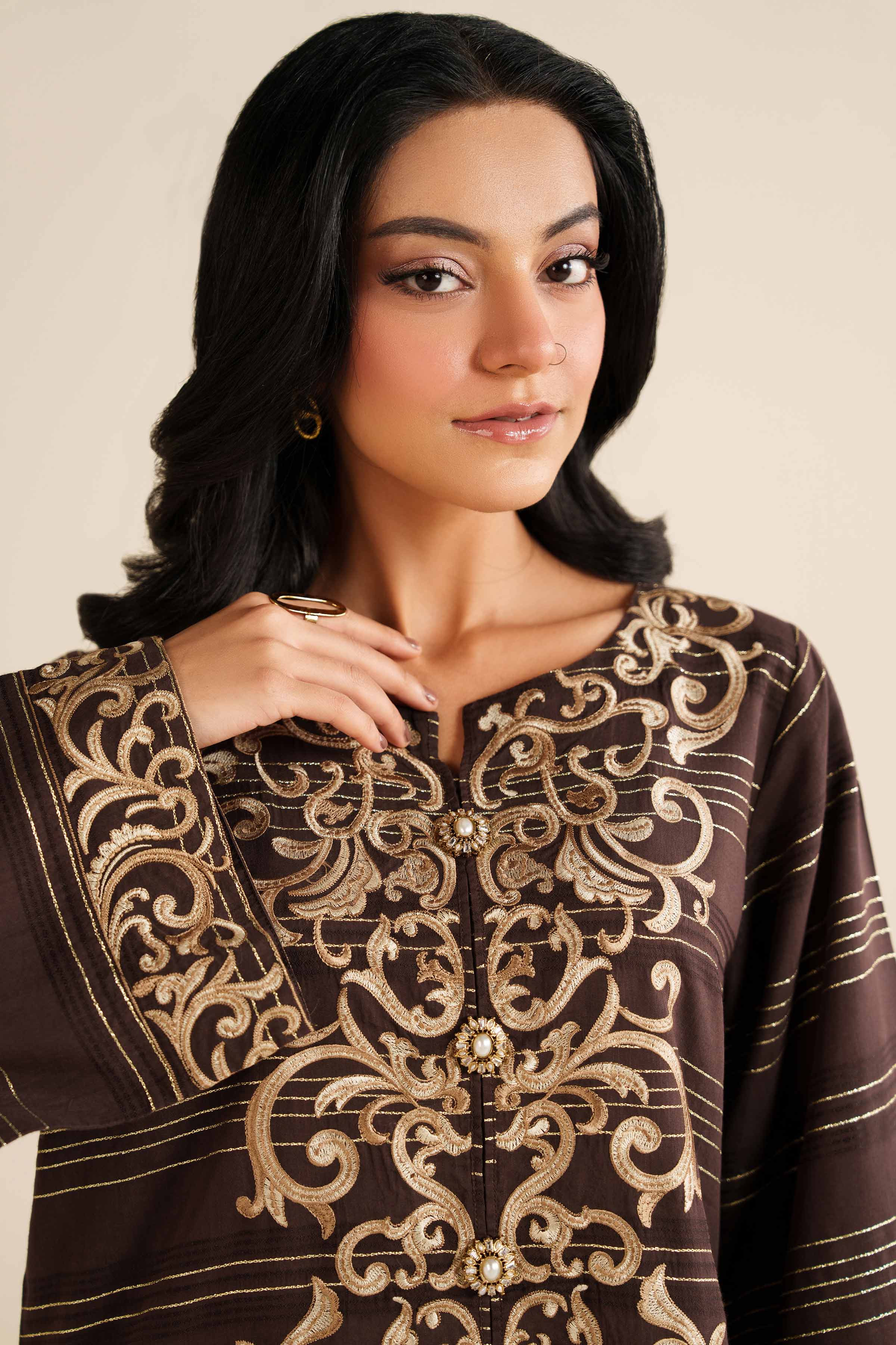 NishatUK - Brown Fancy Gold 1-piece ready to wear Long Dress
