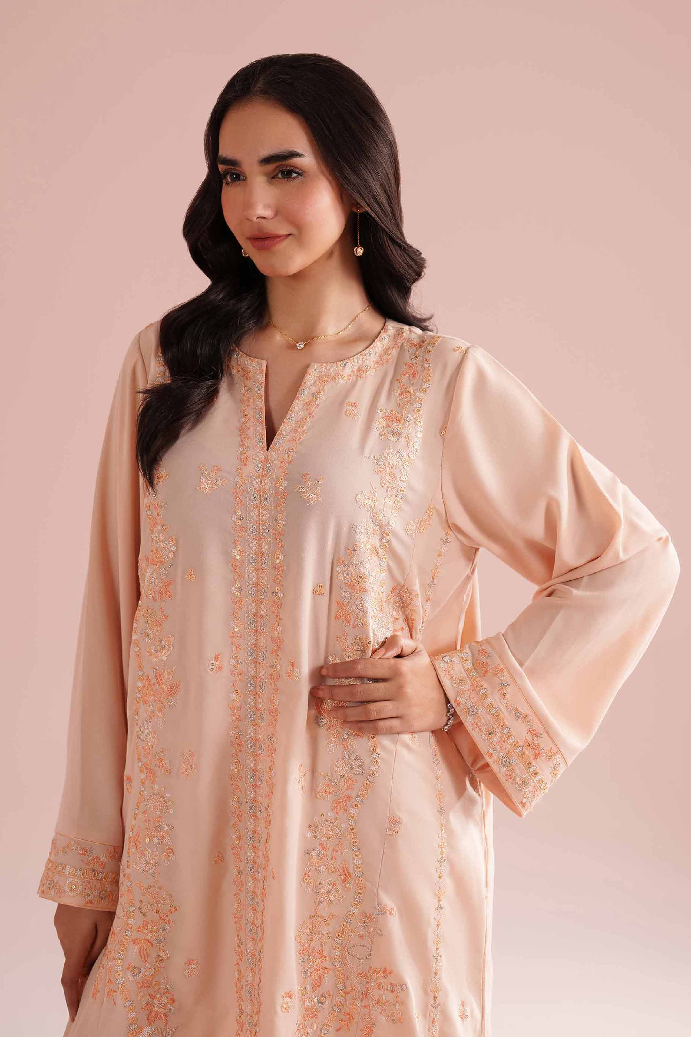 Nishat UK - Orange Embroidered Grip 1 Piece ready to wear Long Dress