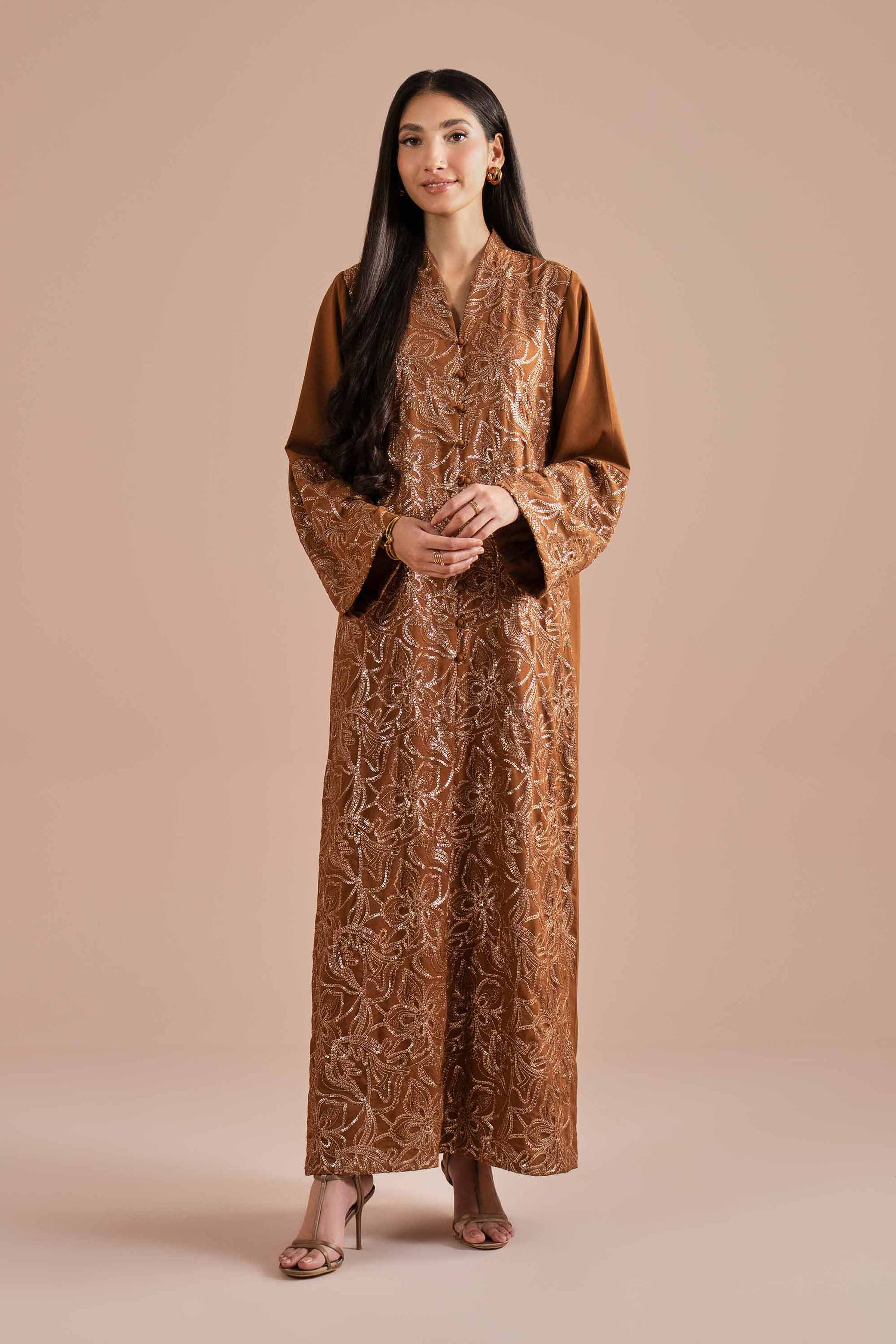 NishatUK - Brown Embroidered Georgette 1-piece ready to wear dress