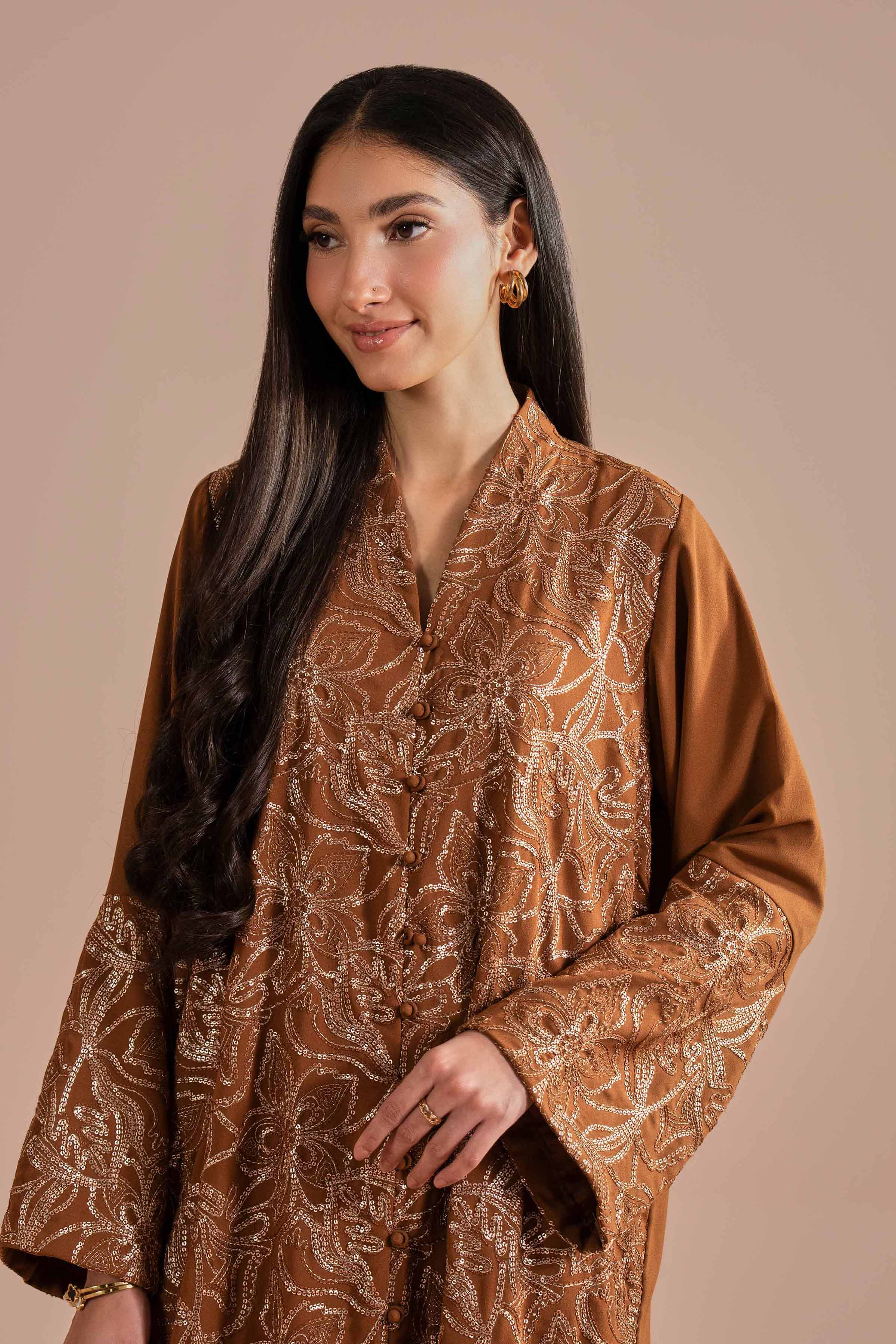 NishatUK - Brown Embroidered Georgette 1-piece ready to wear dress