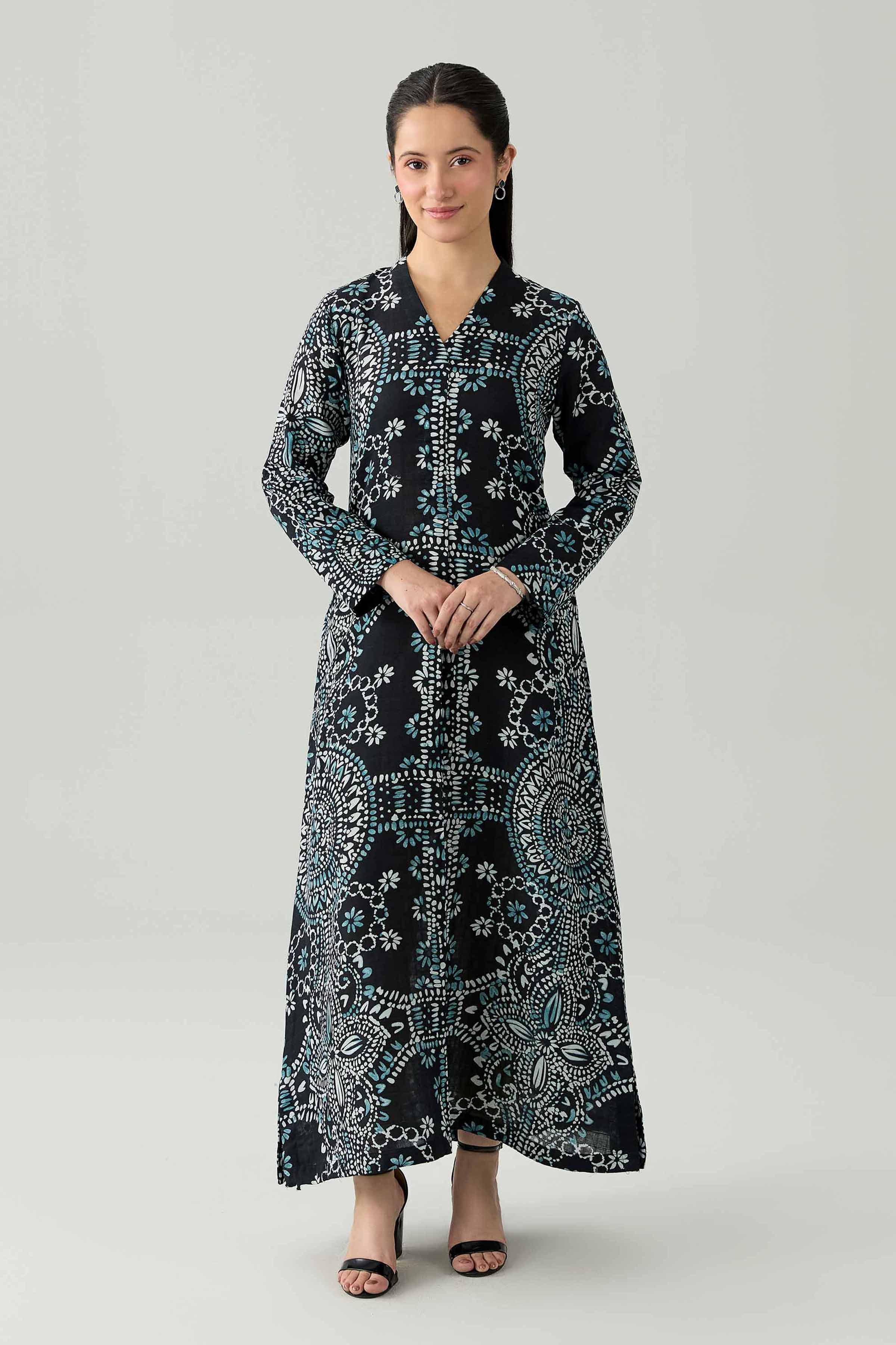 Nishat UK - Black Printed Dobby 1 Piece ready to wear Long Dress