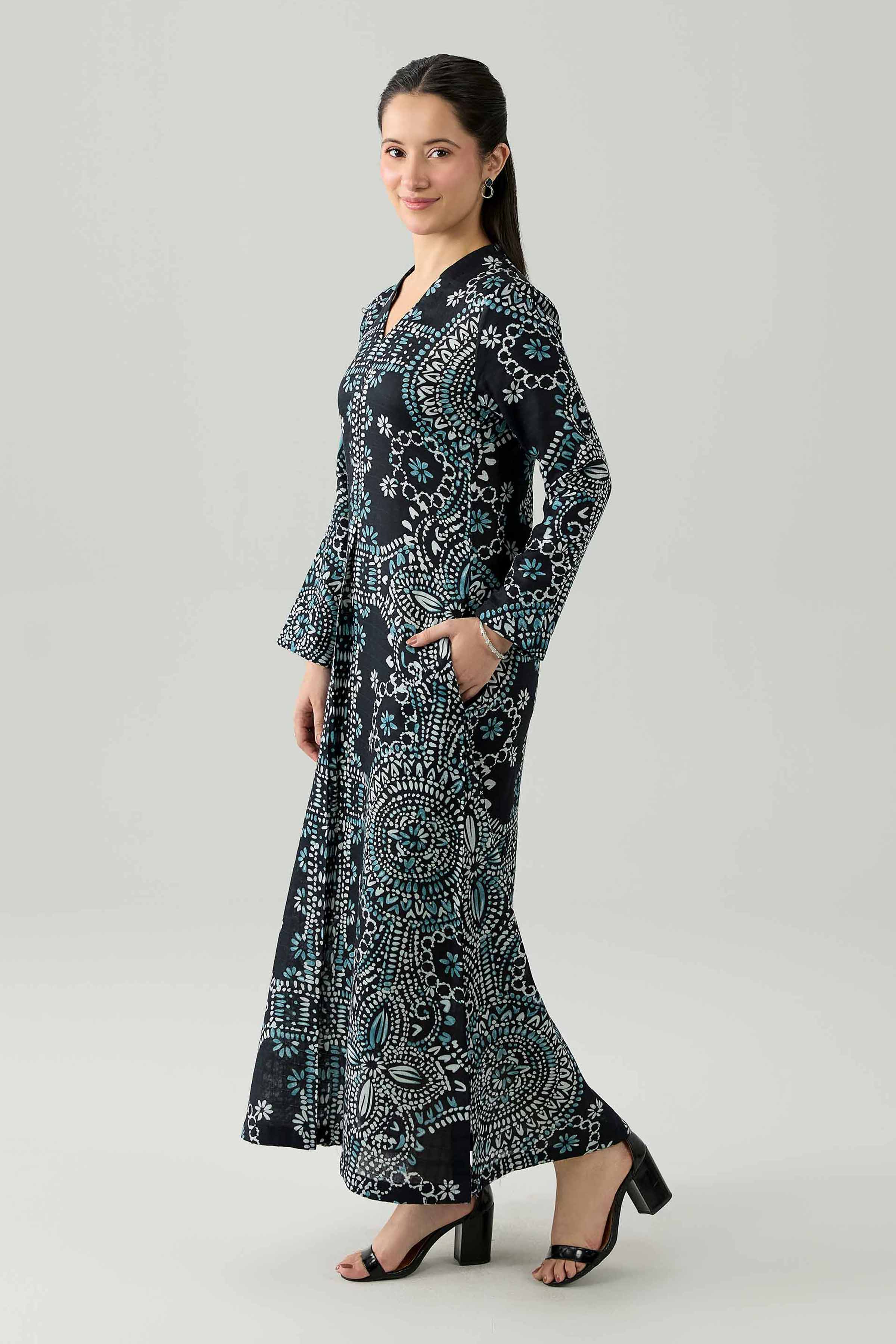 Nishat UK - Black Printed Dobby 1 Piece ready to wear Long Dress
