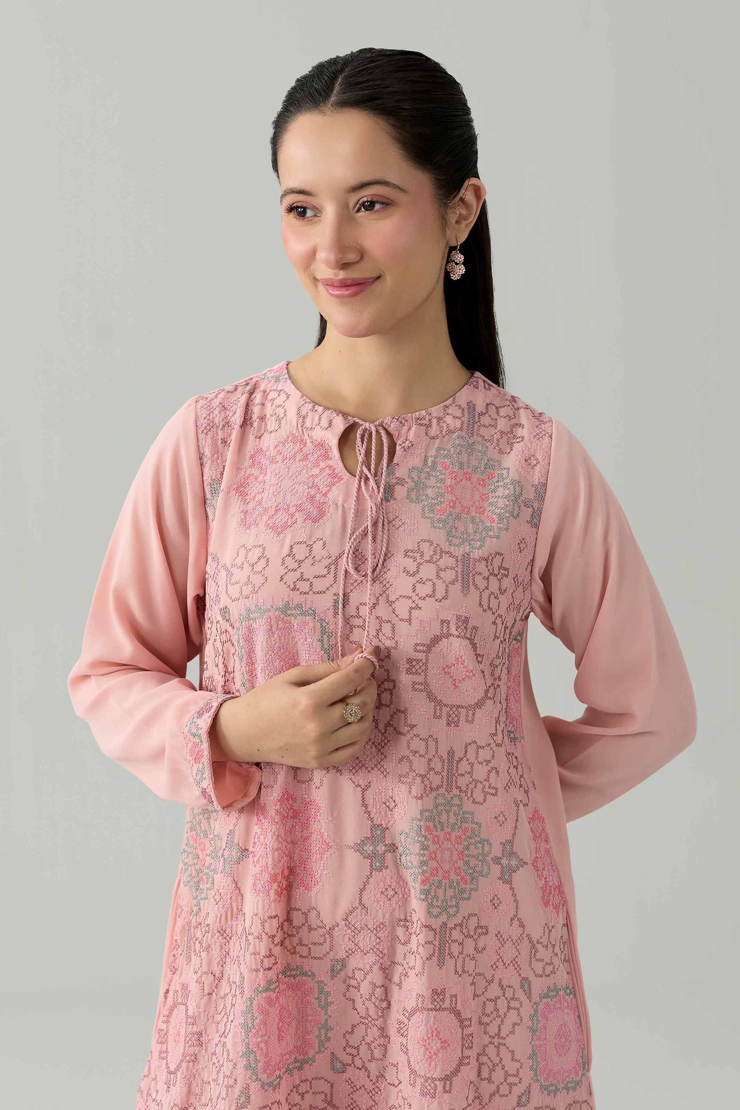 Nishat UK - Pink Embroidered Viscose 1 Piece ready to wear Long Dress