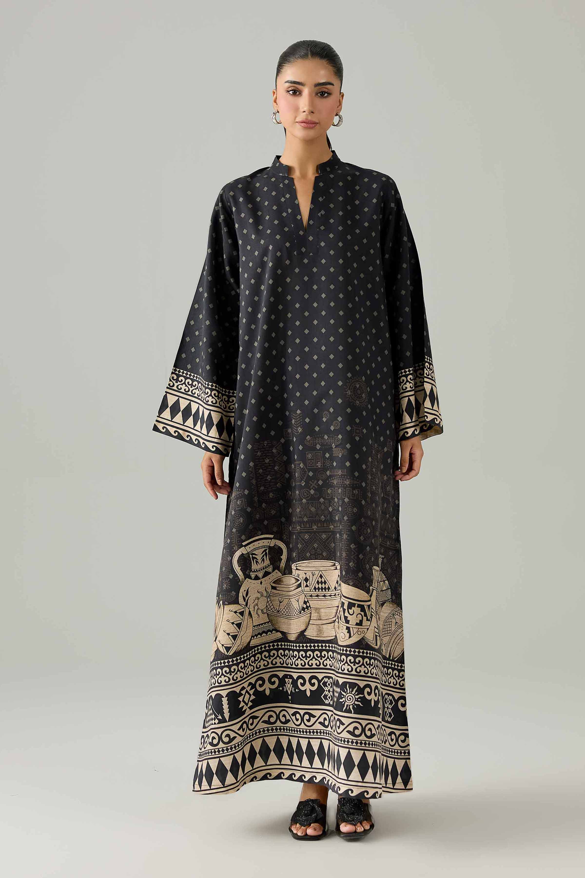Nishat UK - Black Printed Silk 1 Piece ready to wear long dress
