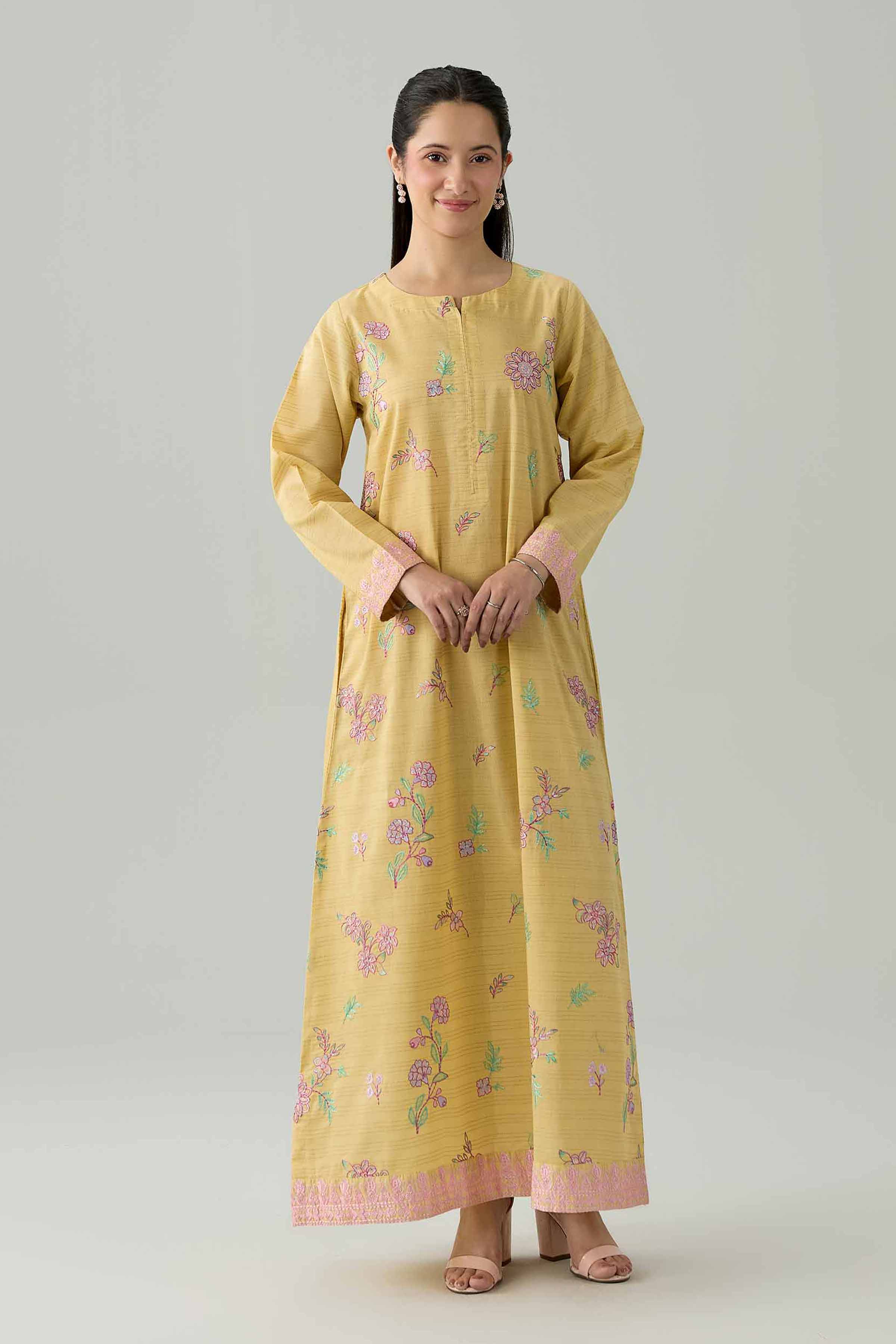 Nishat UK - Yellow Embroidered Dobby 1 Piece ready to wear Long Dress