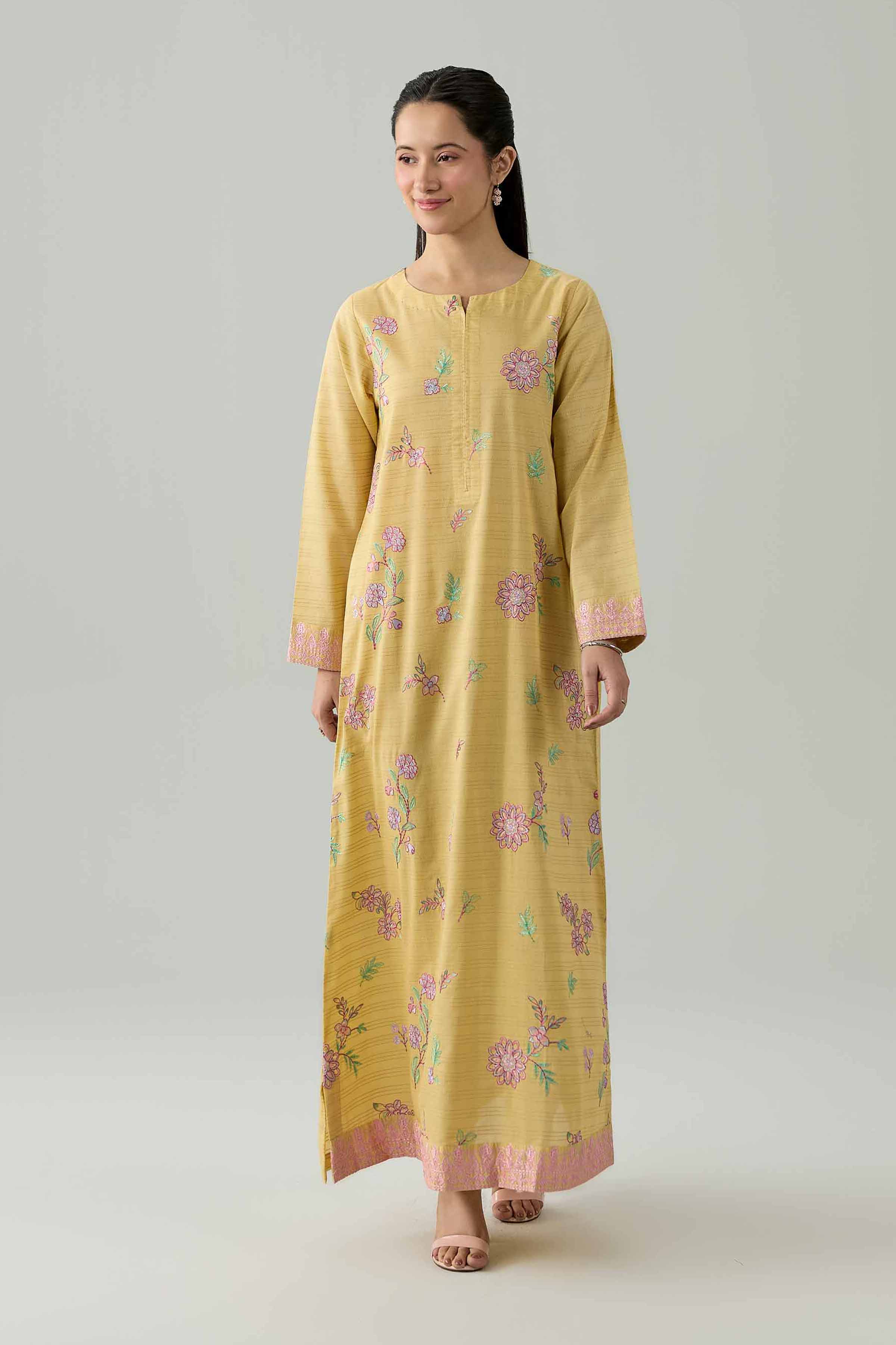 Nishat UK - Yellow Embroidered Dobby 1 Piece ready to wear Long Dress