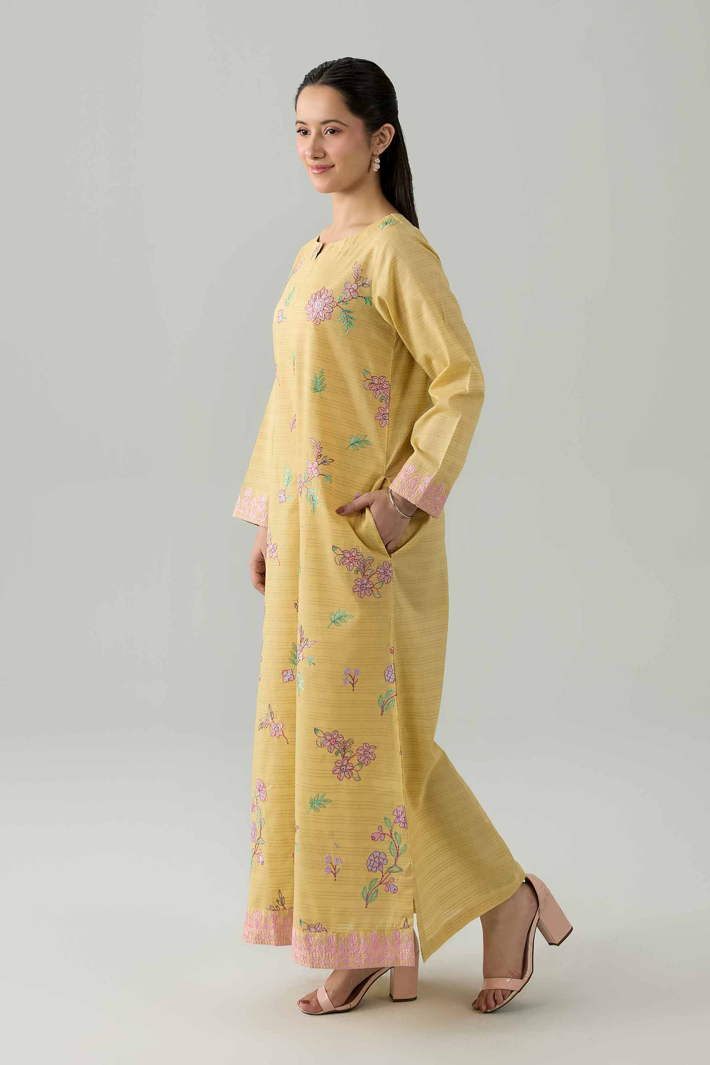 Nishat UK - Yellow Embroidered Dobby 1 Piece ready to wear Long Dress