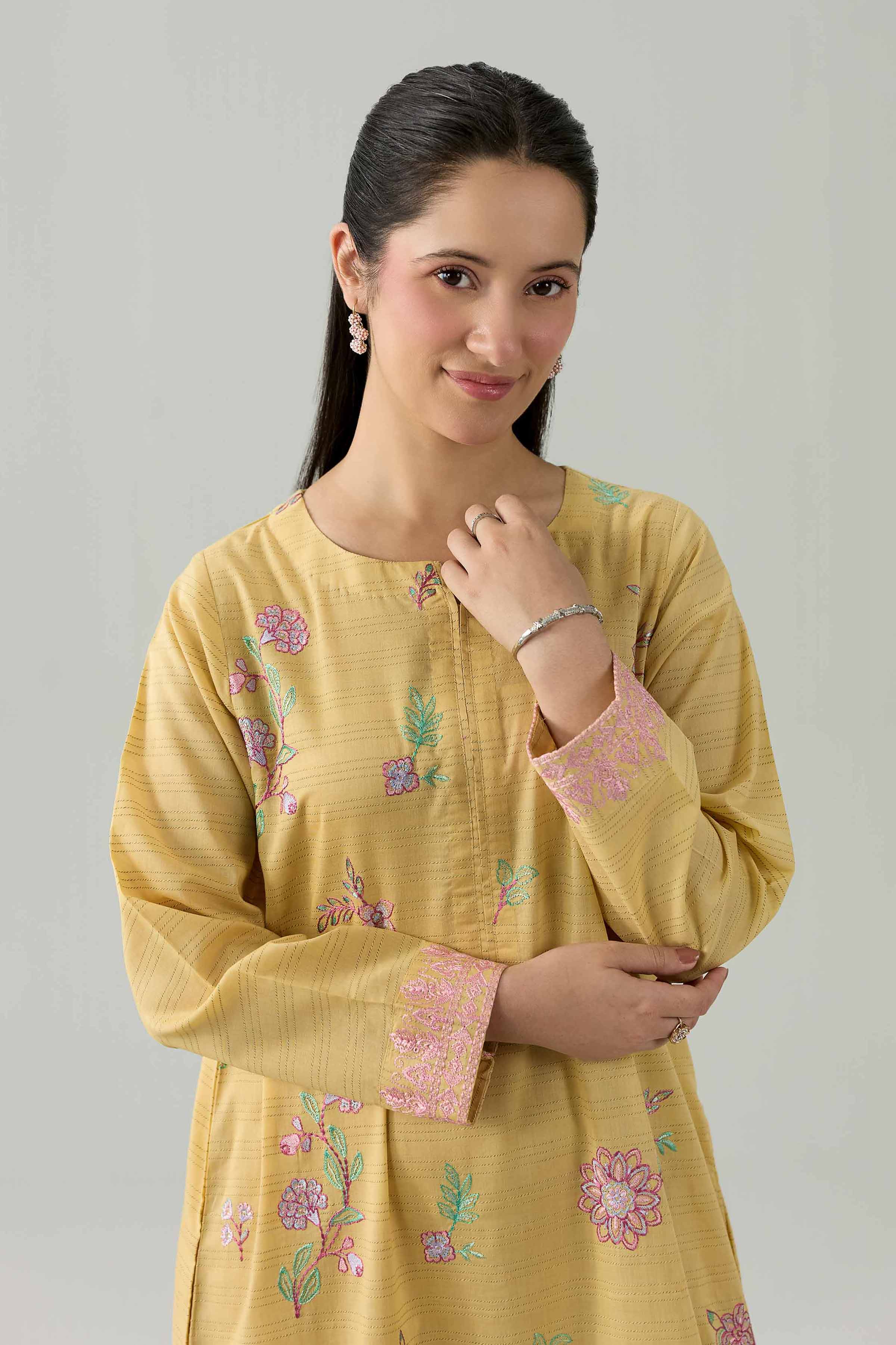 Nishat UK - Yellow Embroidered Dobby 1 Piece ready to wear Long Dress