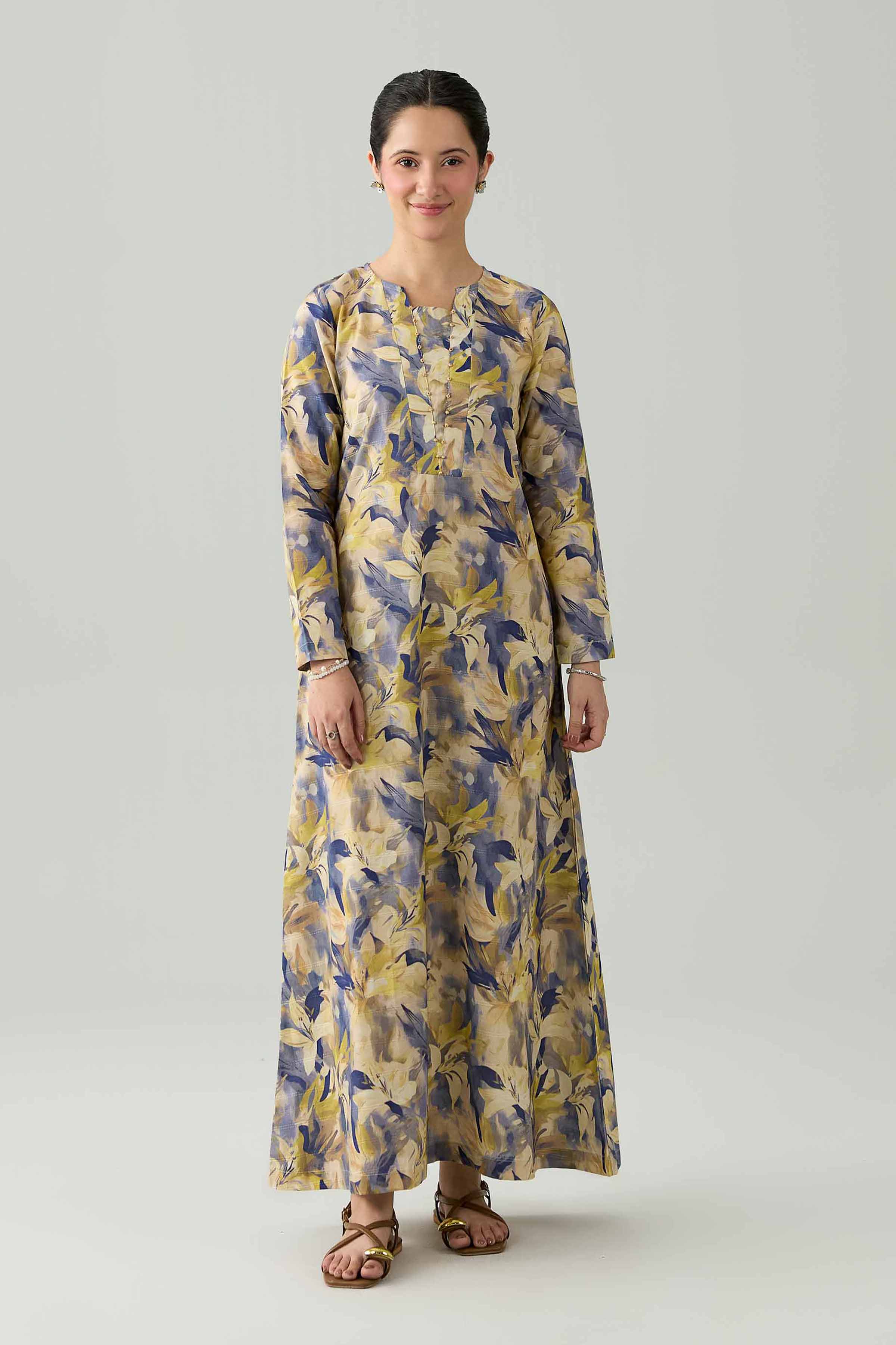 Nishat UK - Beige Printed Lawn 1 Piece ready to wear Long Dress