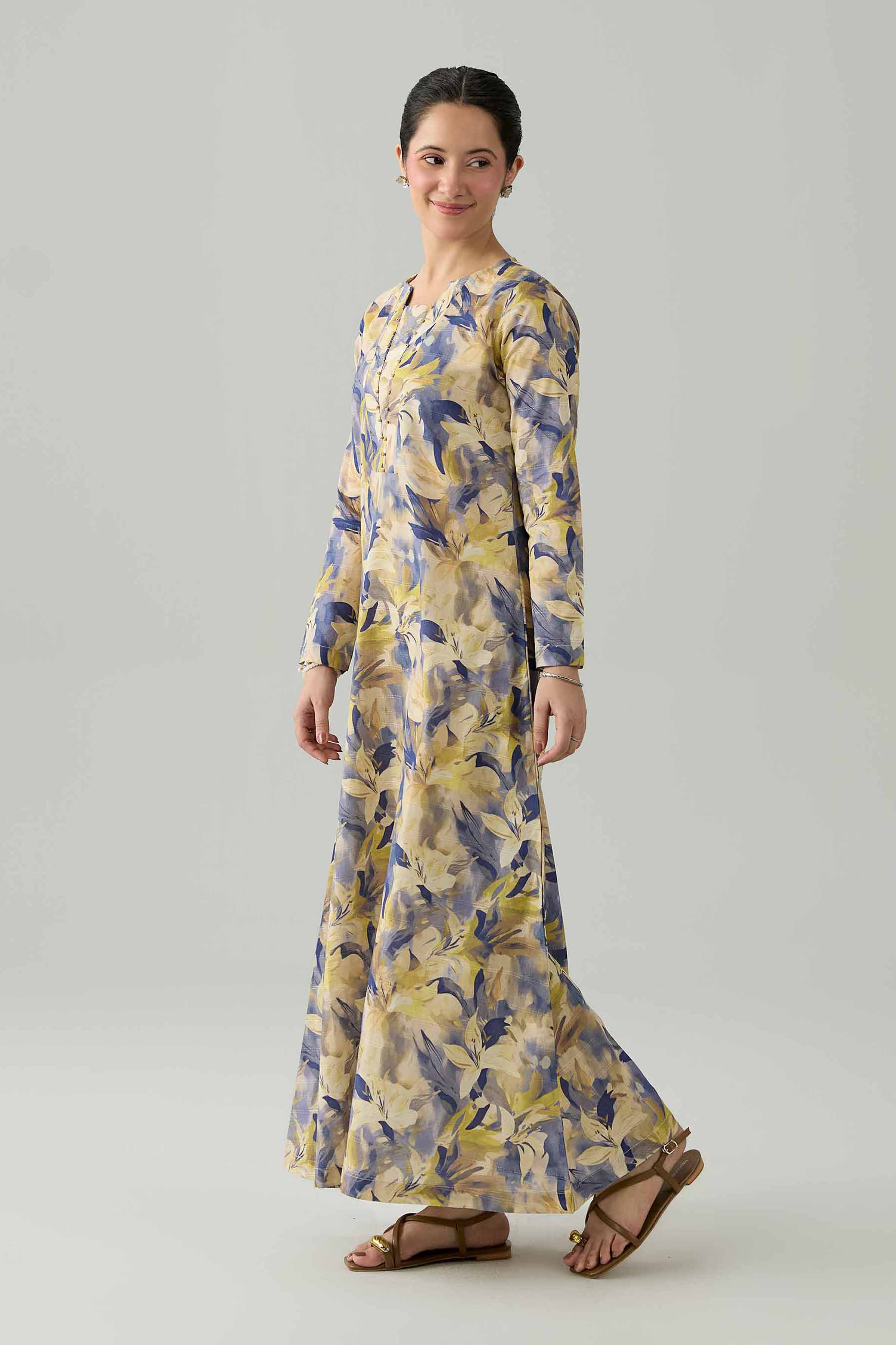 Nishat UK - Beige Printed Lawn 1 Piece ready to wear Long Dress