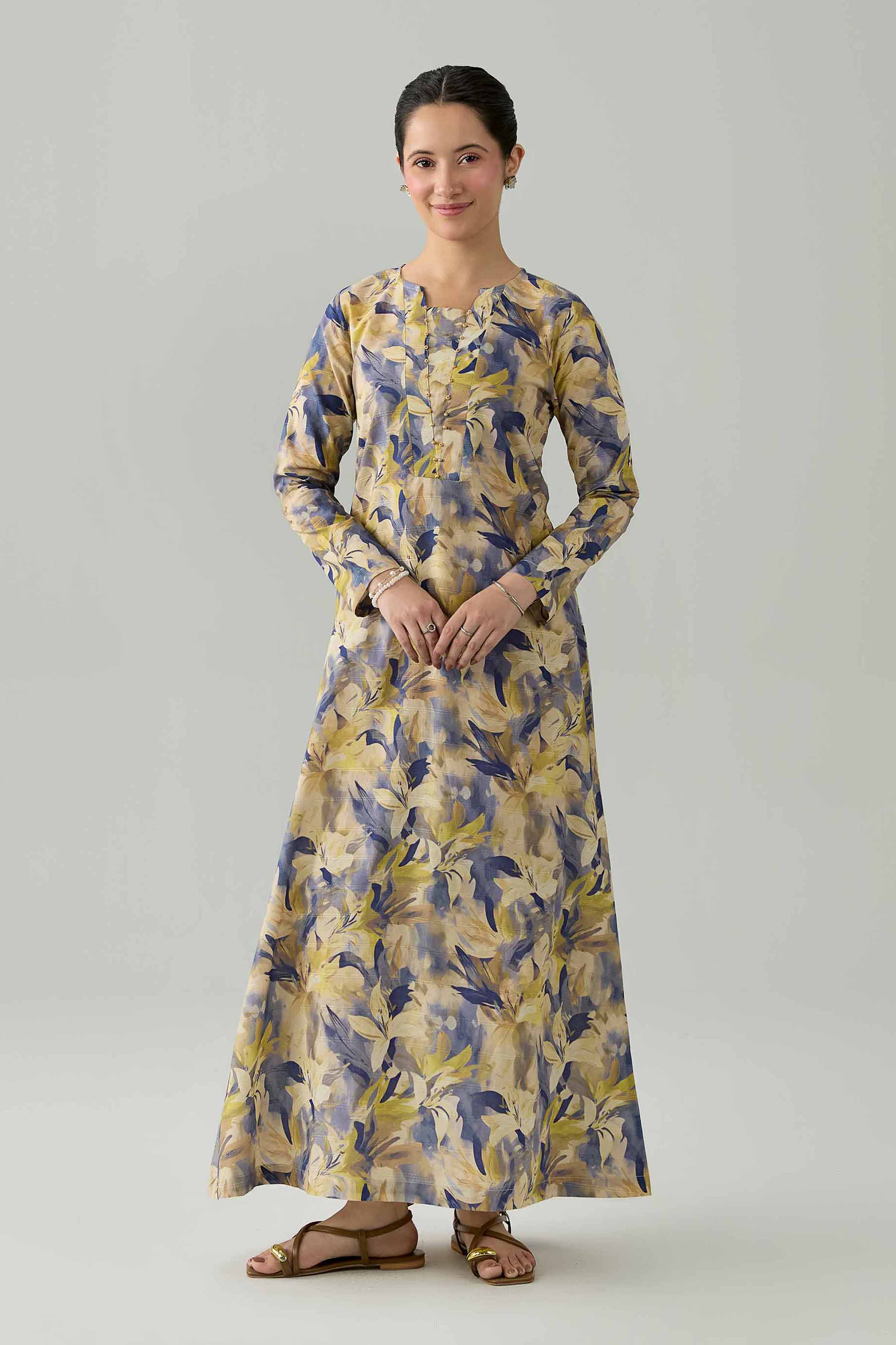 Nishat UK - Beige Printed Lawn 1 Piece ready to wear Long Dress