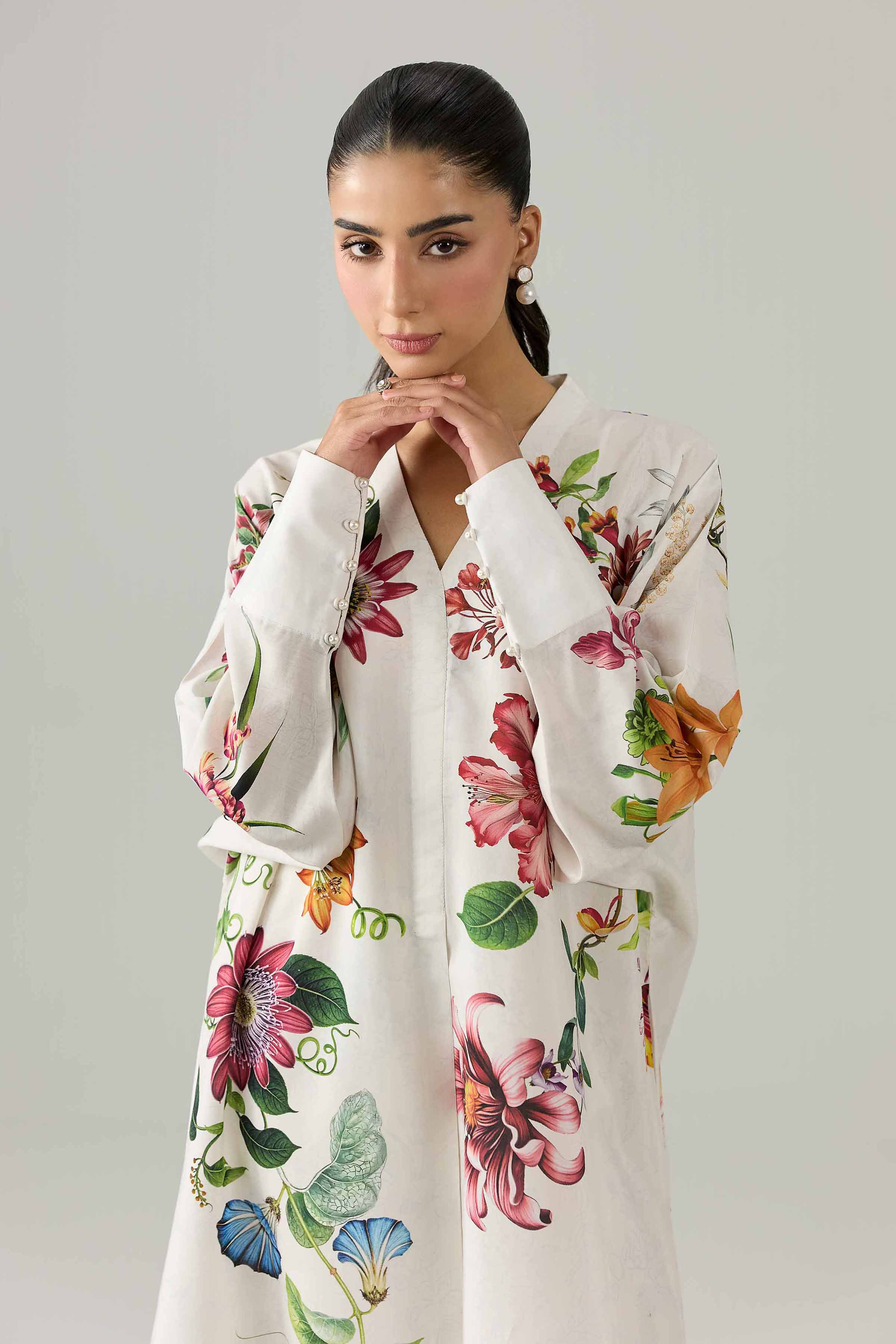 Nishat UK - White Printed Silk 1 Piece ready to wear Long Dress