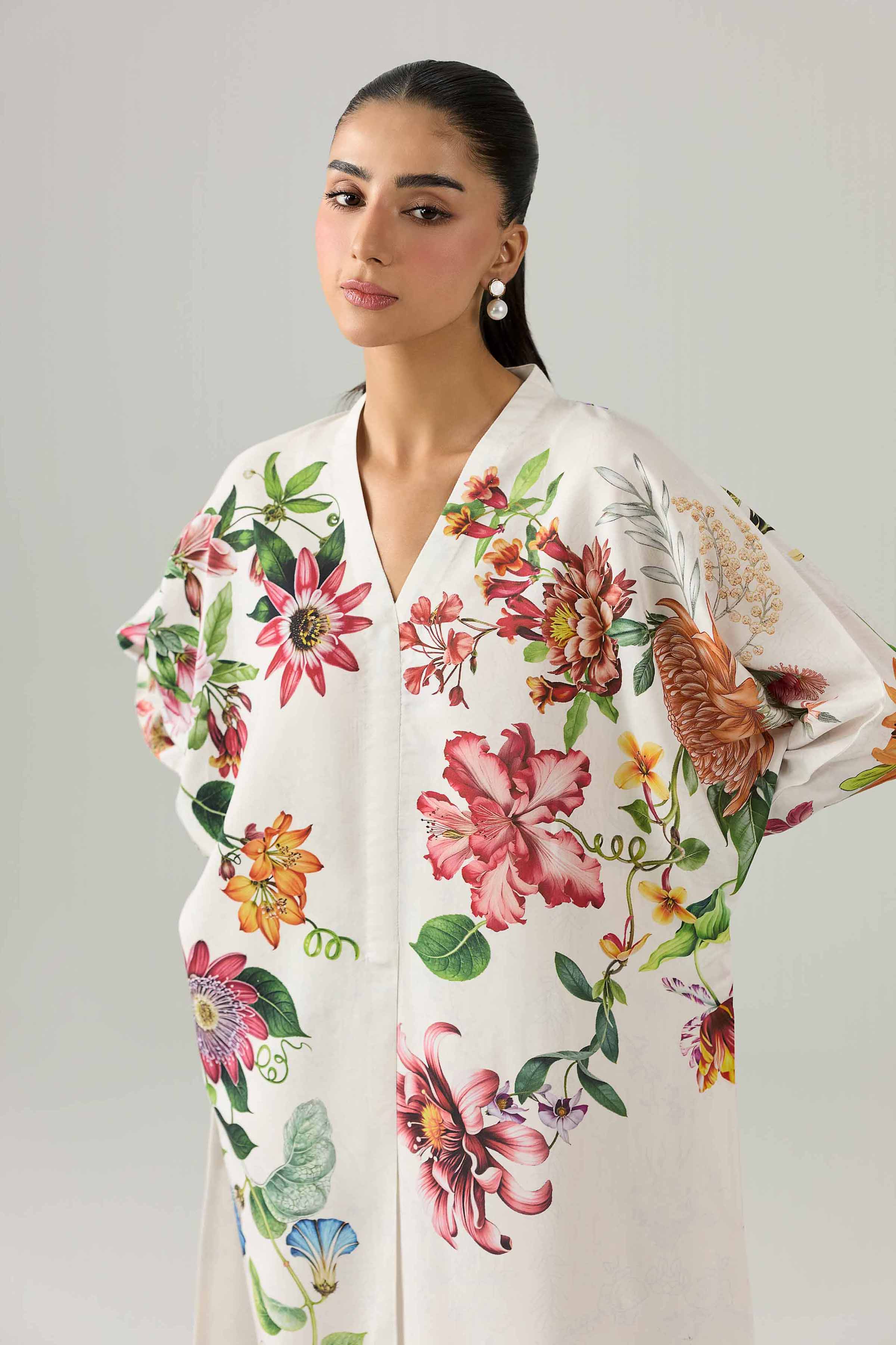Nishat UK - White Printed Silk 1 Piece ready to wear Long Dress