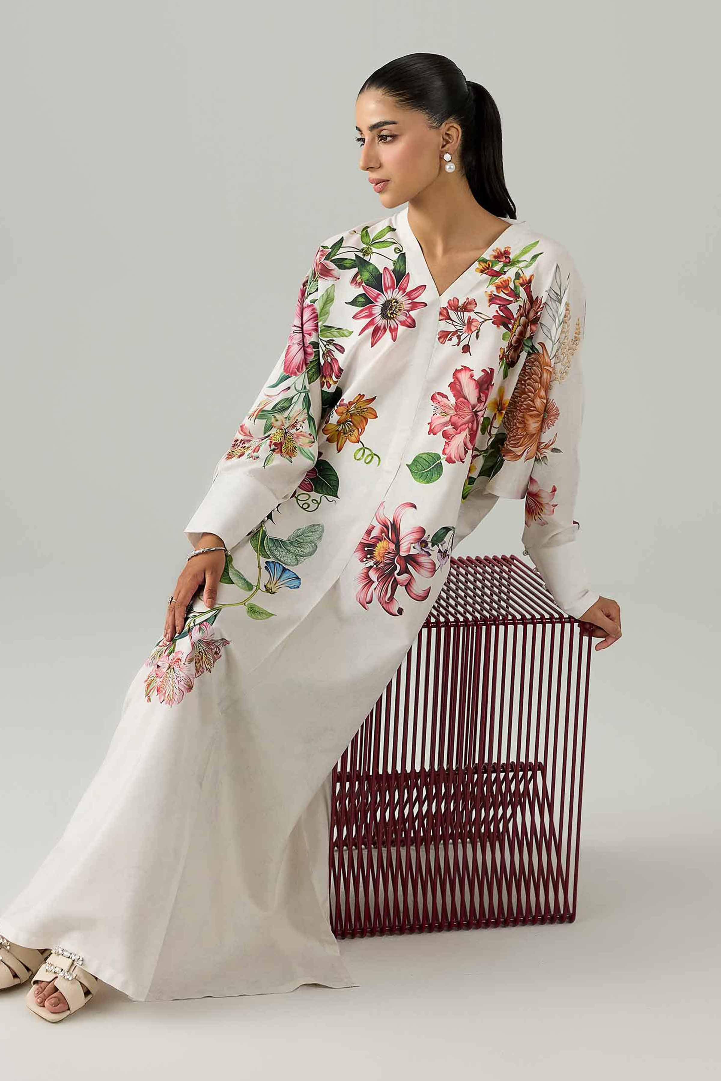 Nishat UK - White Printed Silk 1 Piece ready to wear Long Dress
