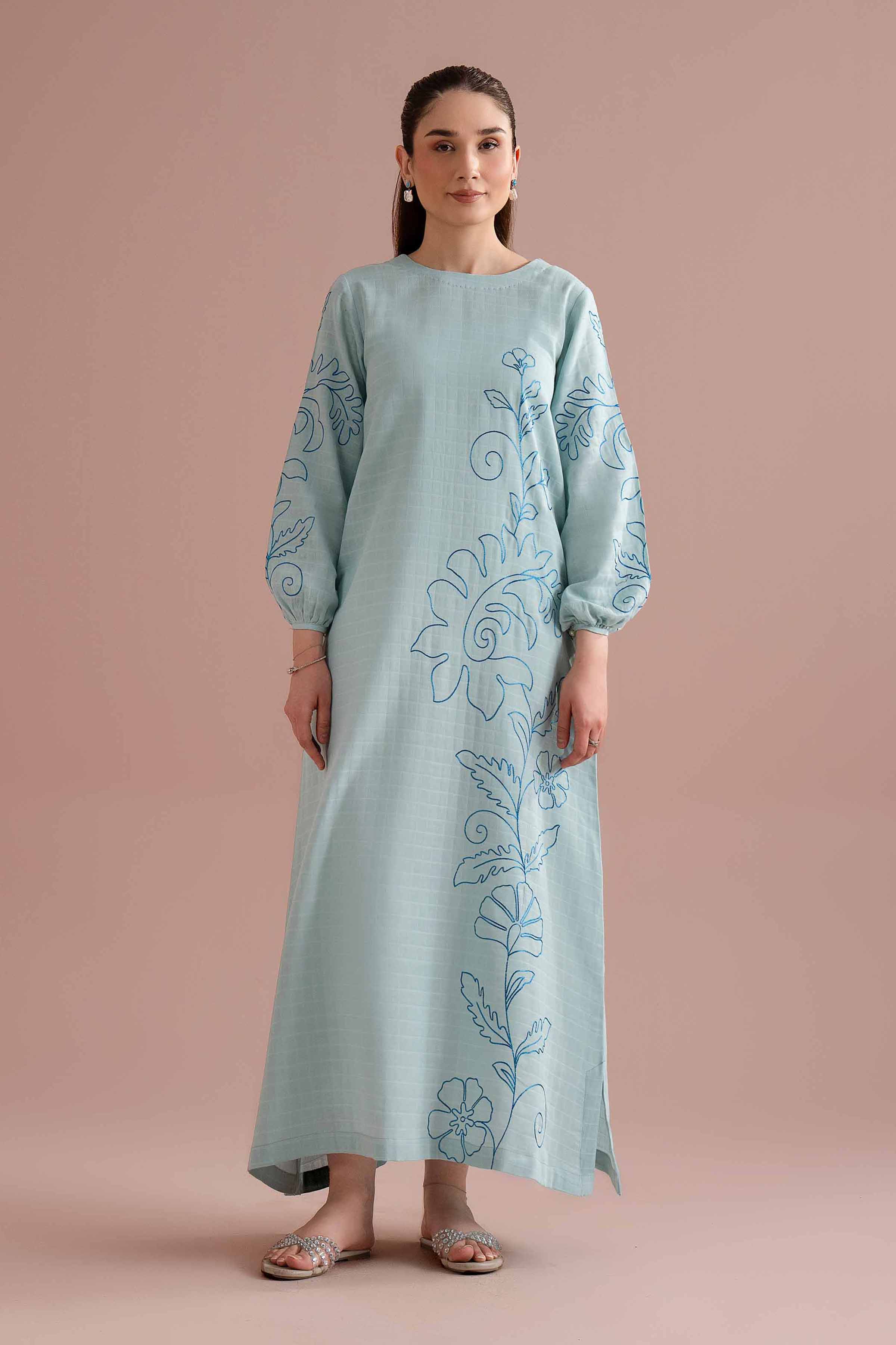 NishatUK - Blue Embroidered Dobby 1-piece ready to wear long dress