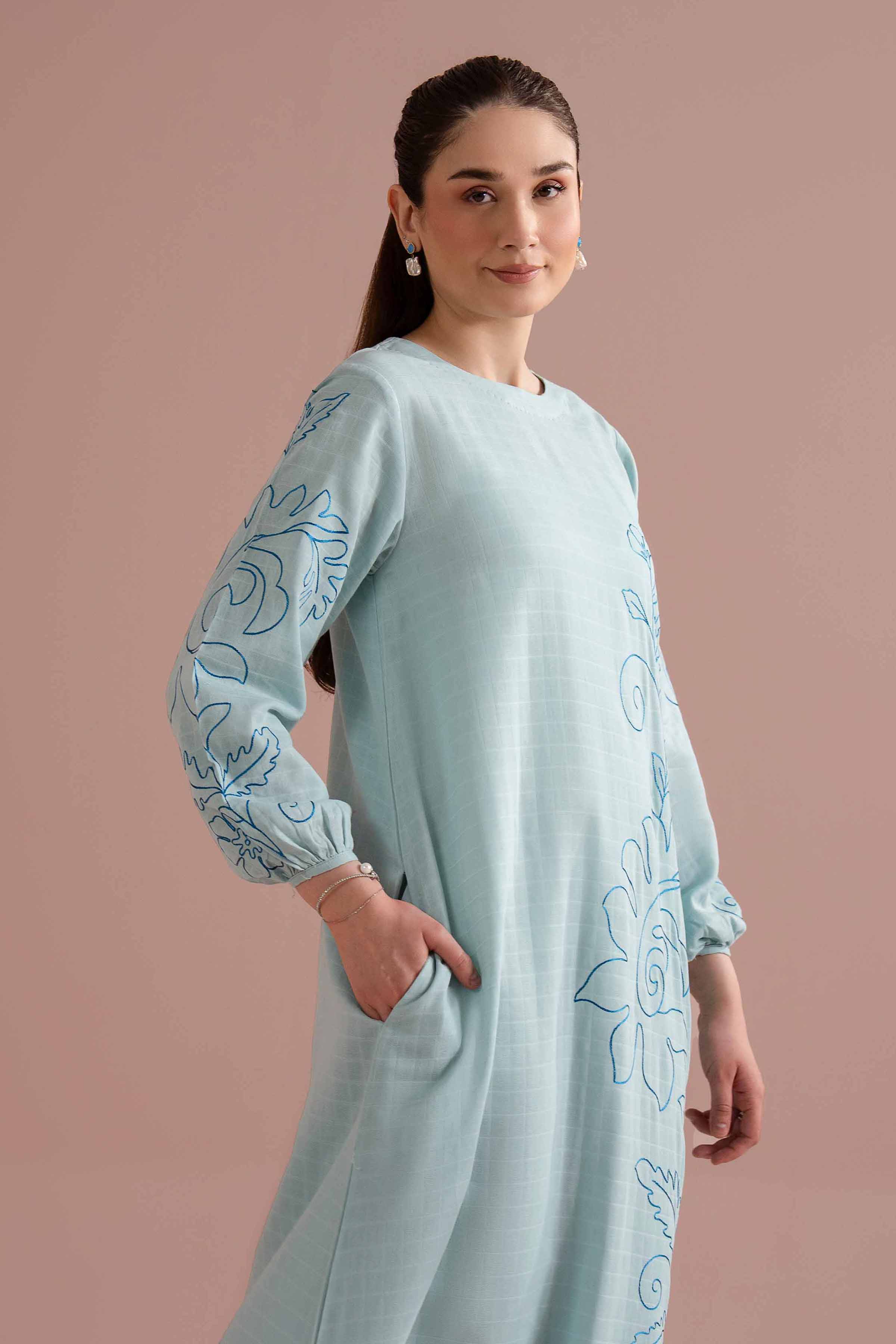 NishatUK - Blue Embroidered Dobby 1-piece ready to wear long dress