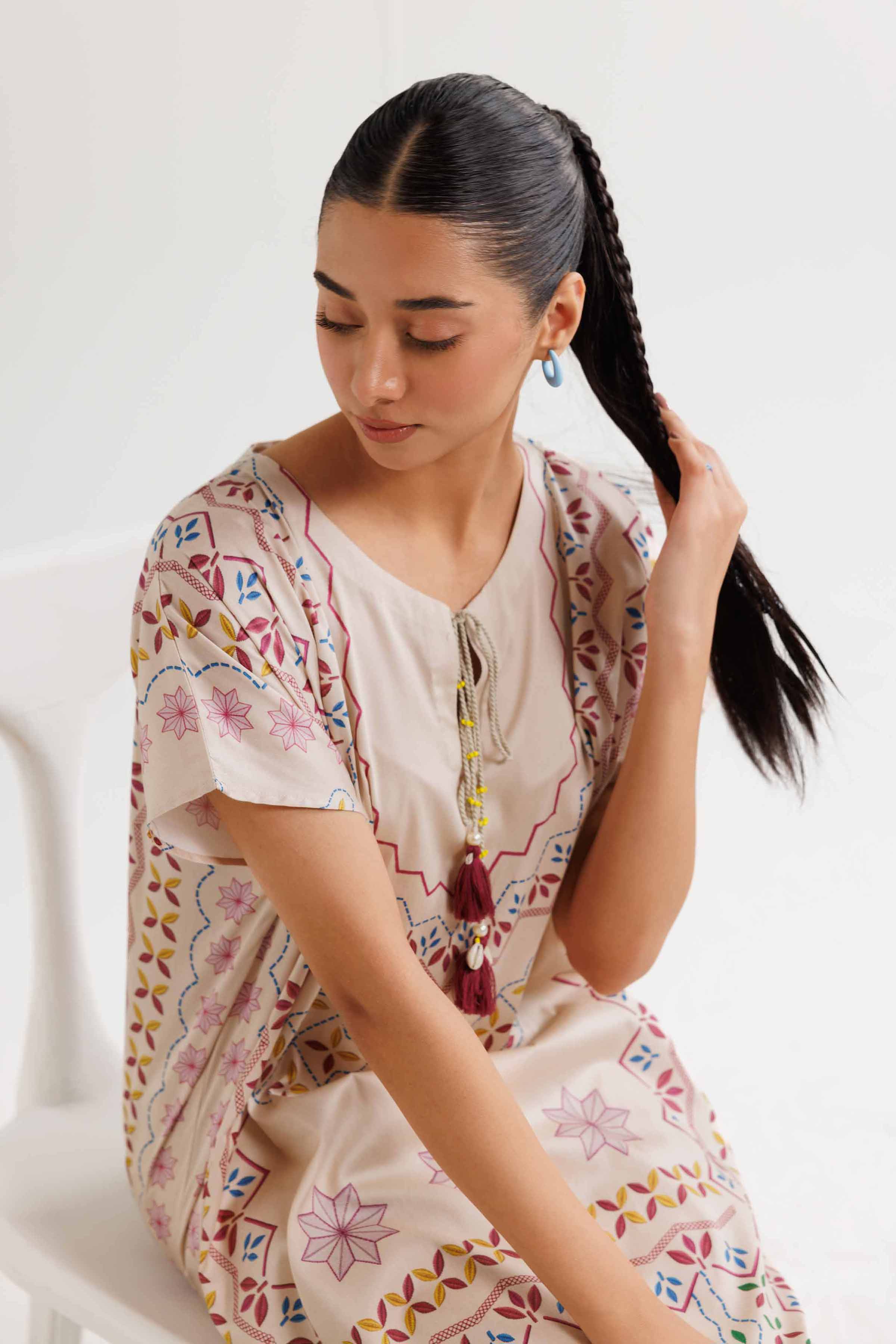 NishatUK - Beige Printed Satin 1-piece ready to wear Kaftan