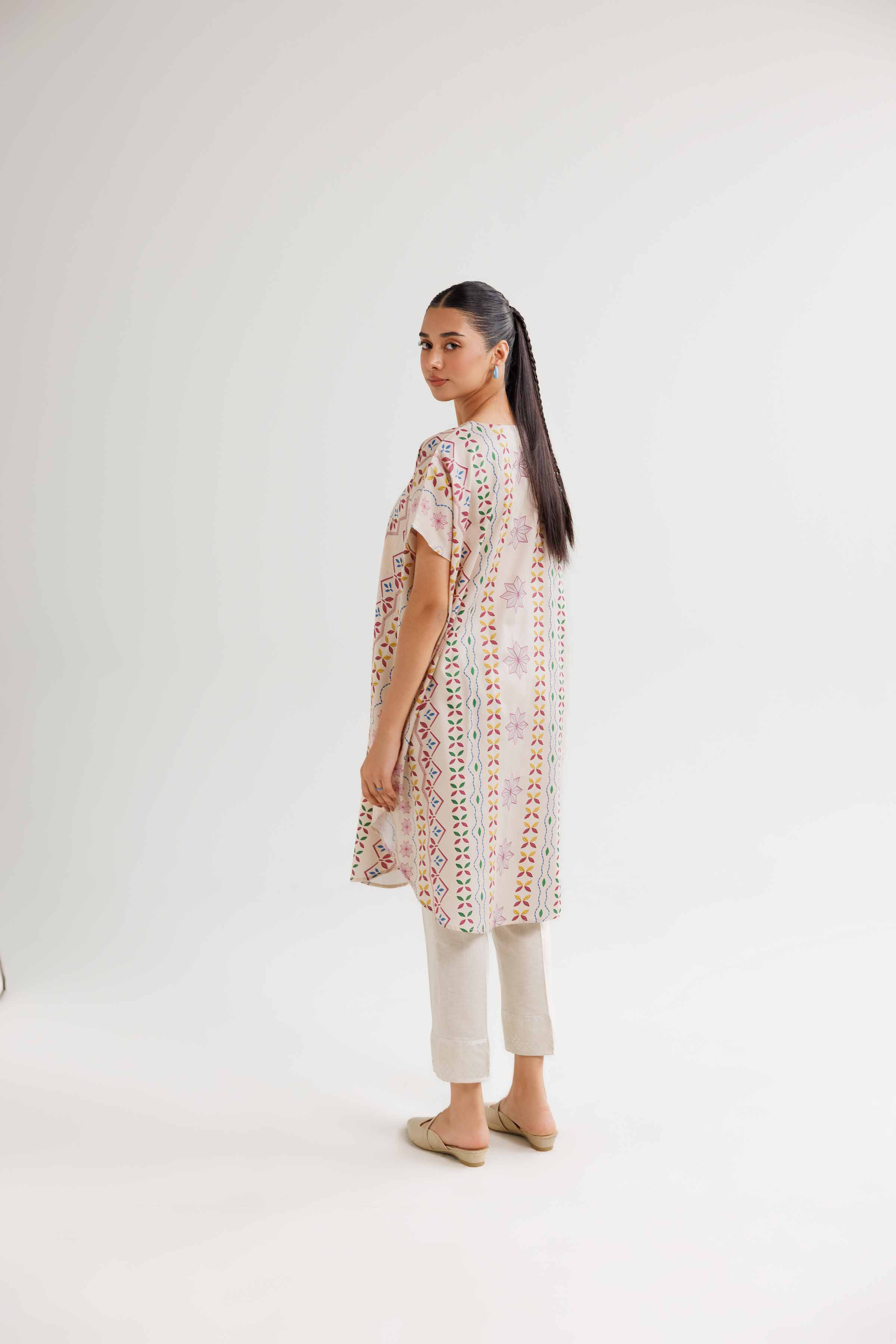 NishatUK - Beige Printed Satin 1-piece ready to wear Kaftan