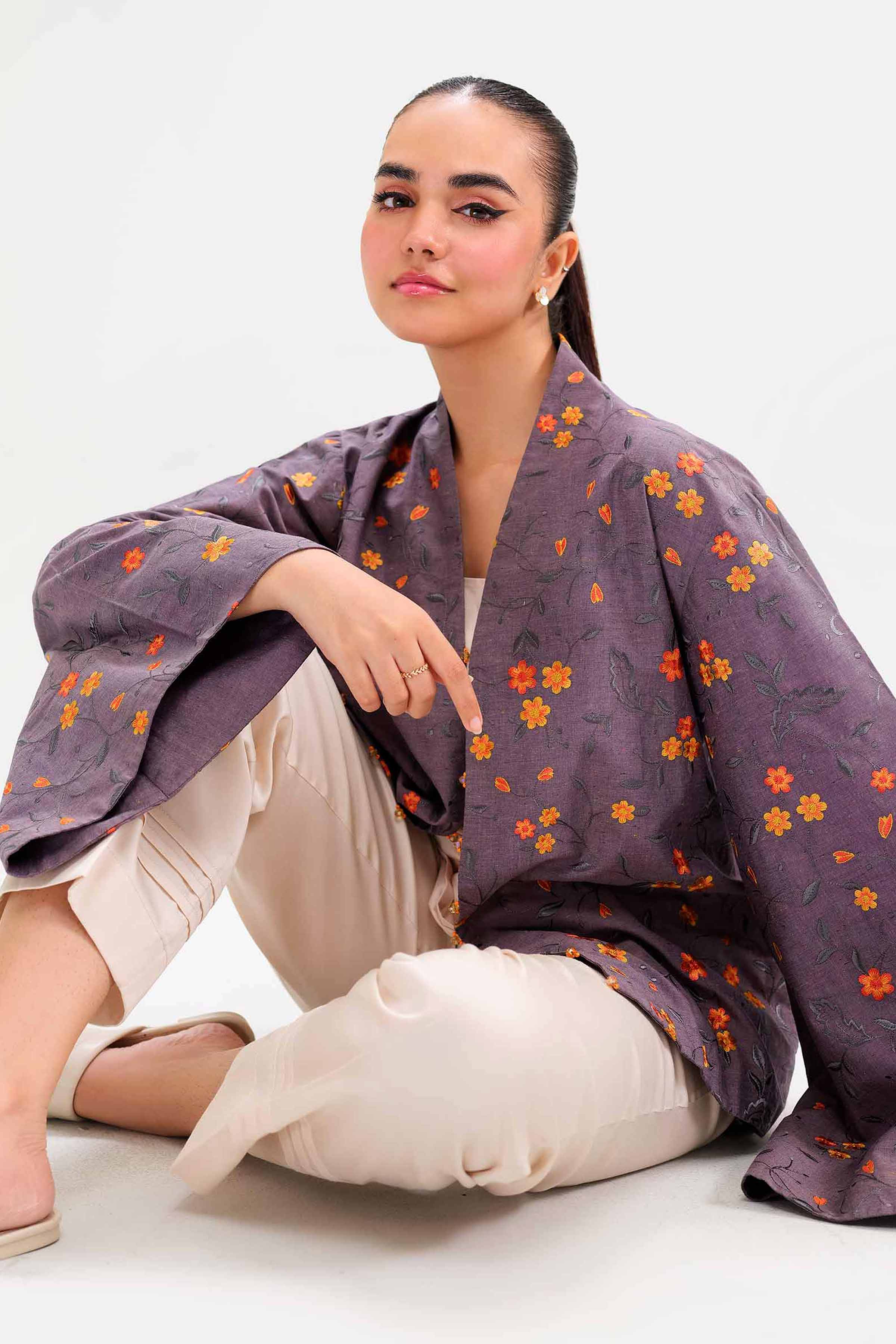 NishatUK - Brown Embroidered Yarn Dyed 1-piece ready to wear Jacket