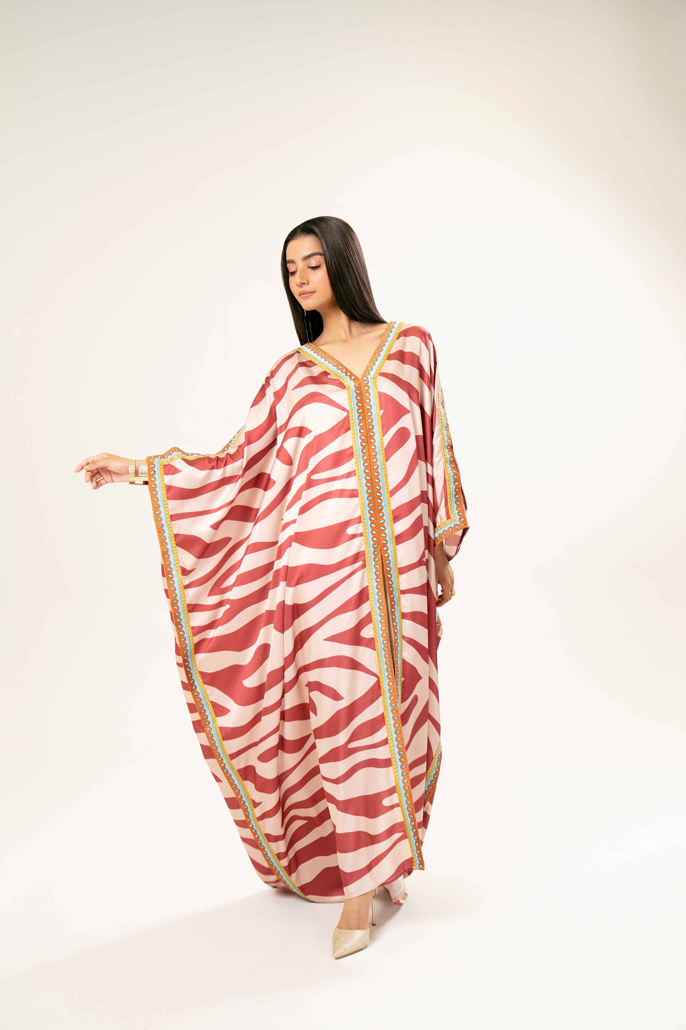 NishatUK - Brown Embroidered Silk 1-piece ready to wear Kaftan