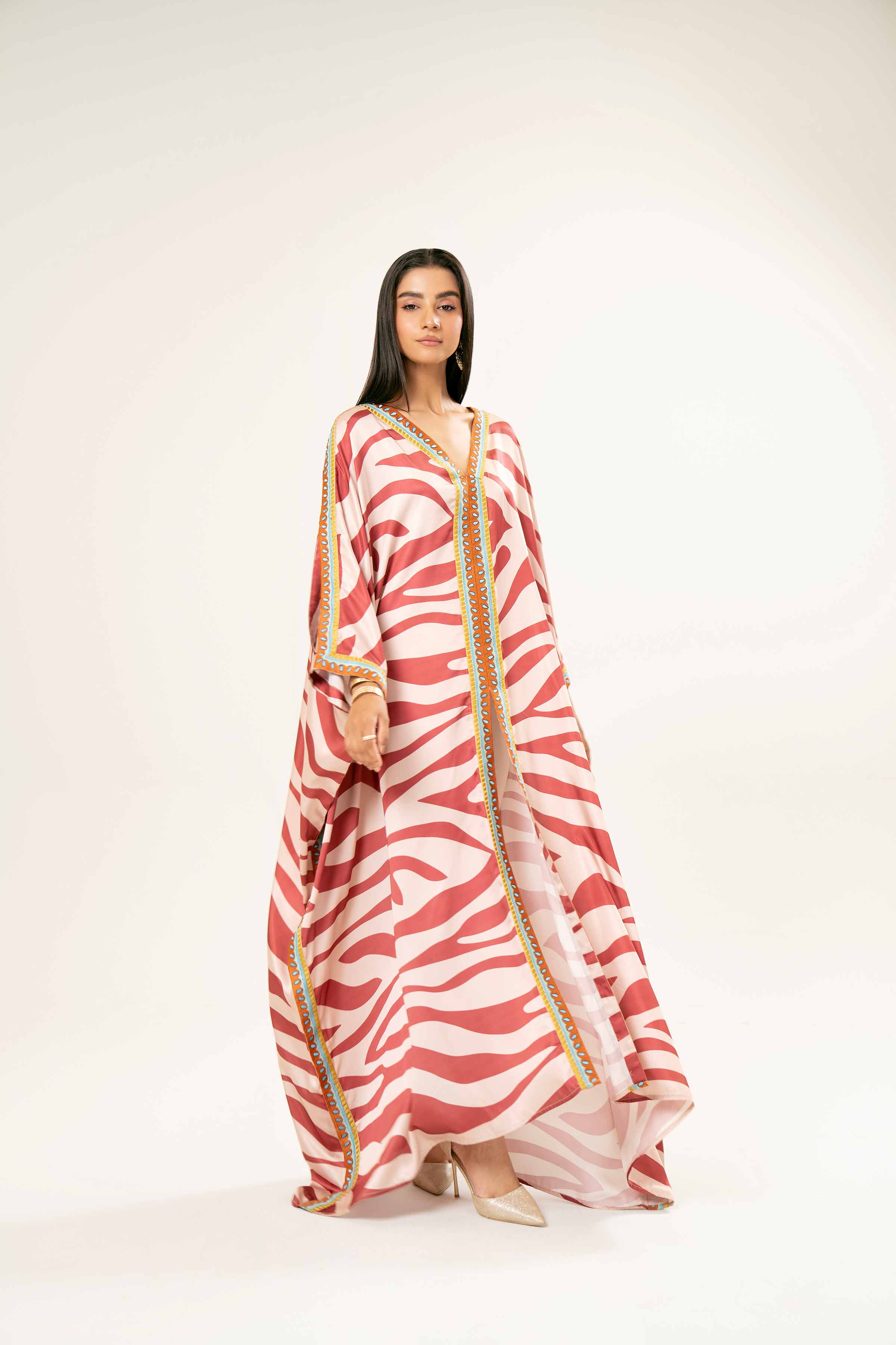 NishatUK - Brown Embroidered Silk 1-piece ready to wear Kaftan