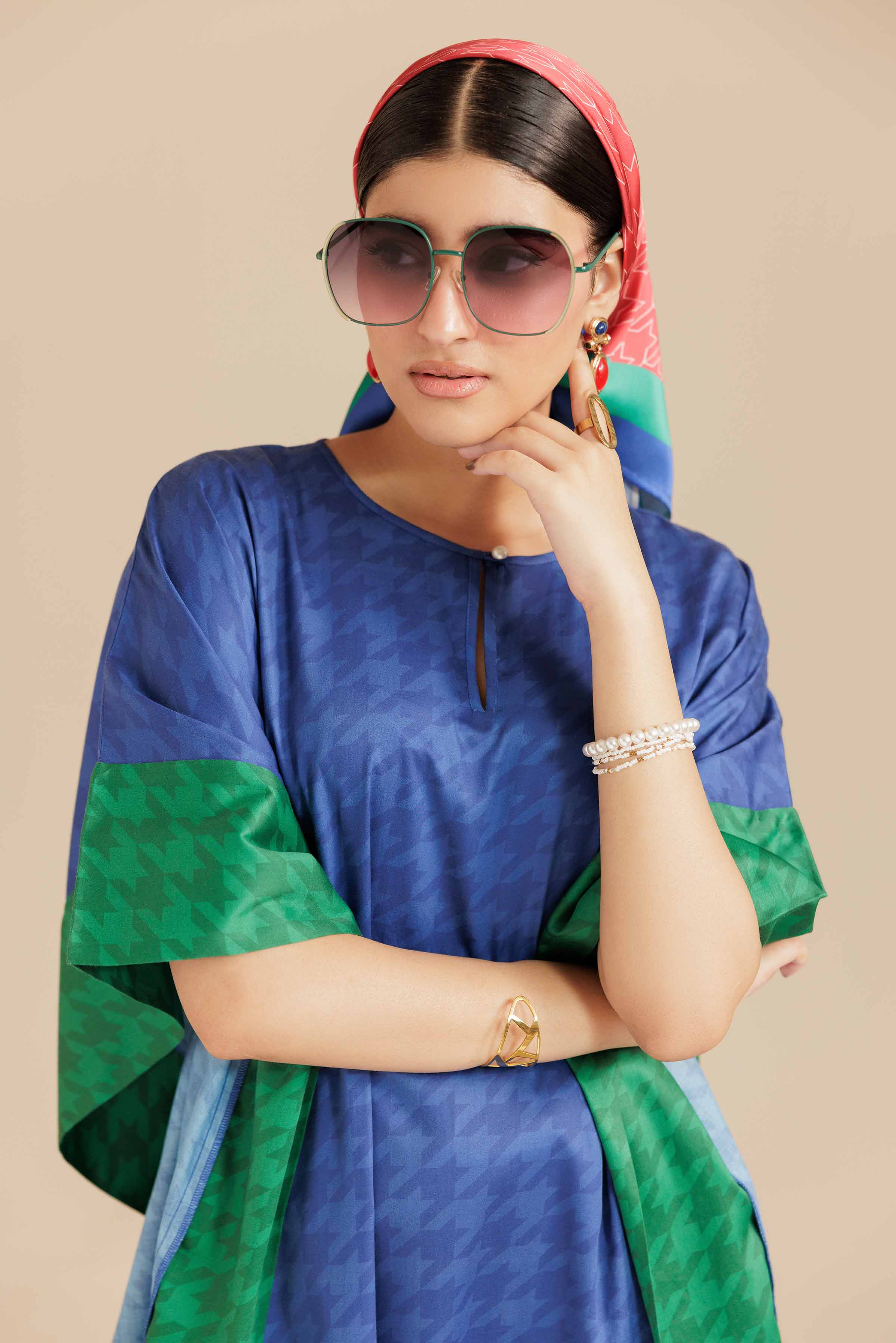 NishatUK - Blue Printed Satin 2-piece ready to wear Long Dress