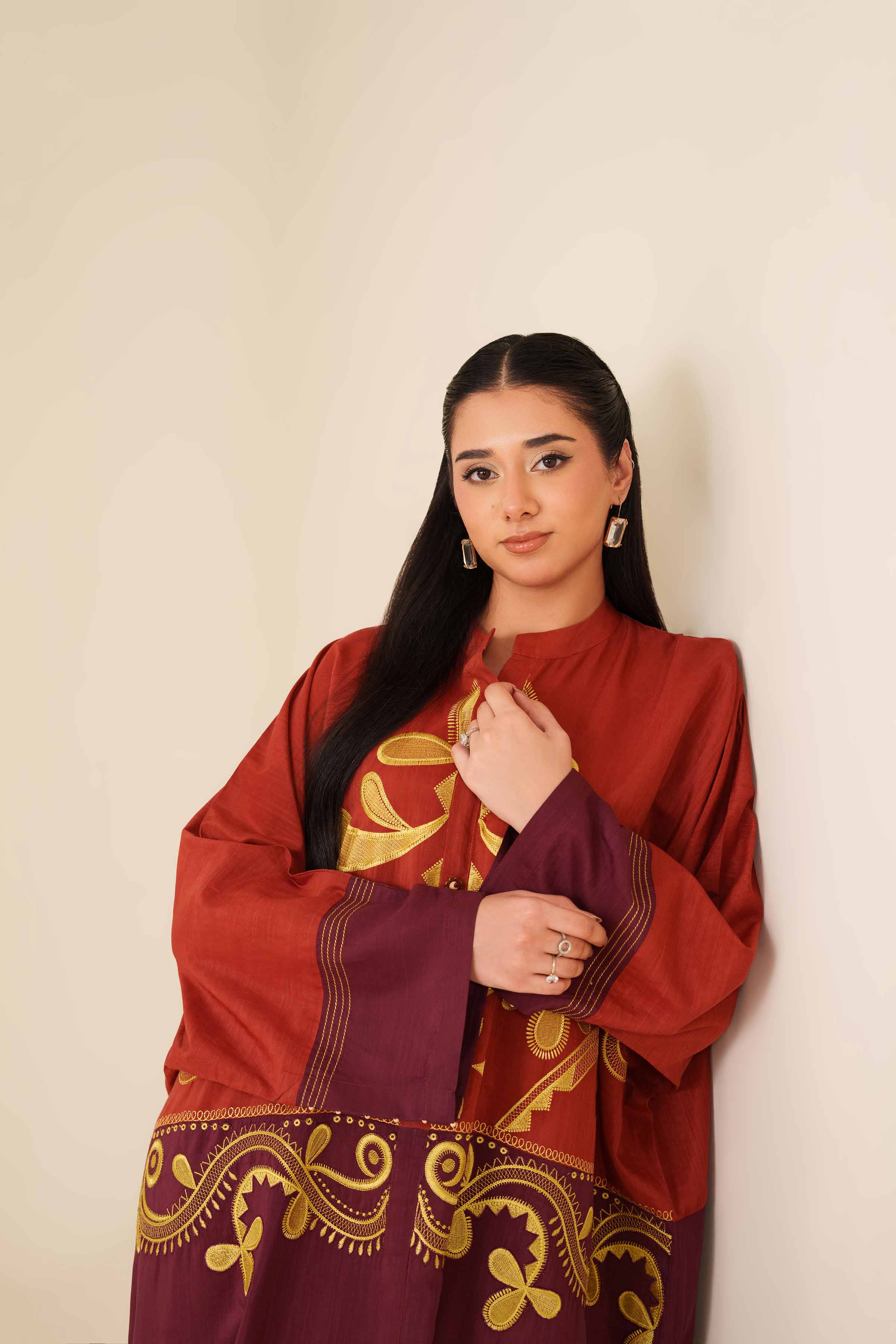 NishatUK - Maroon Solids Silk 1-piece ready to wear Long Dress