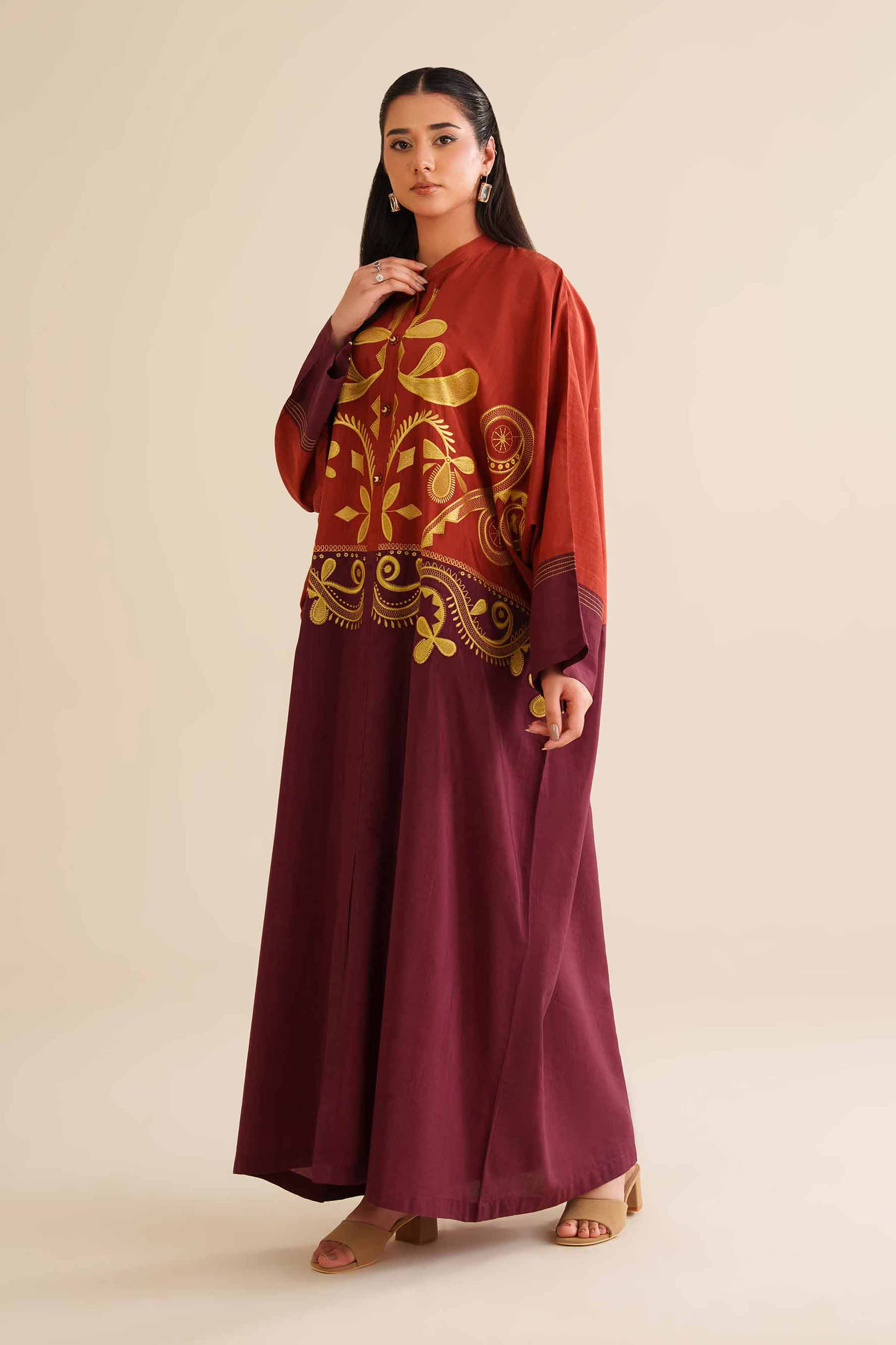 NishatUK - Maroon Solids Silk 1-piece ready to wear Long Dress