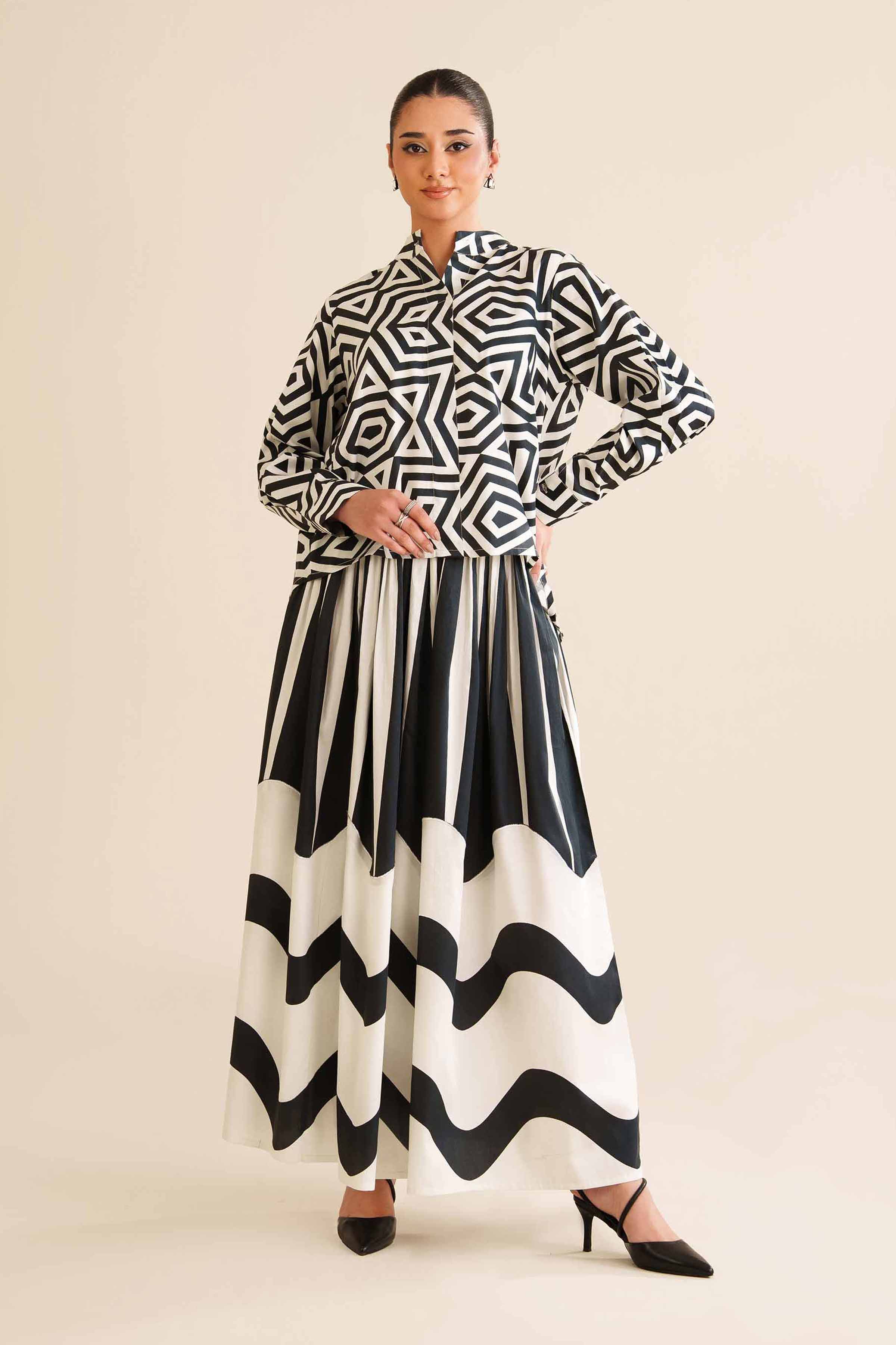 NishatUK - Black & White Printed Sateen 2-piece ready to wear Dress