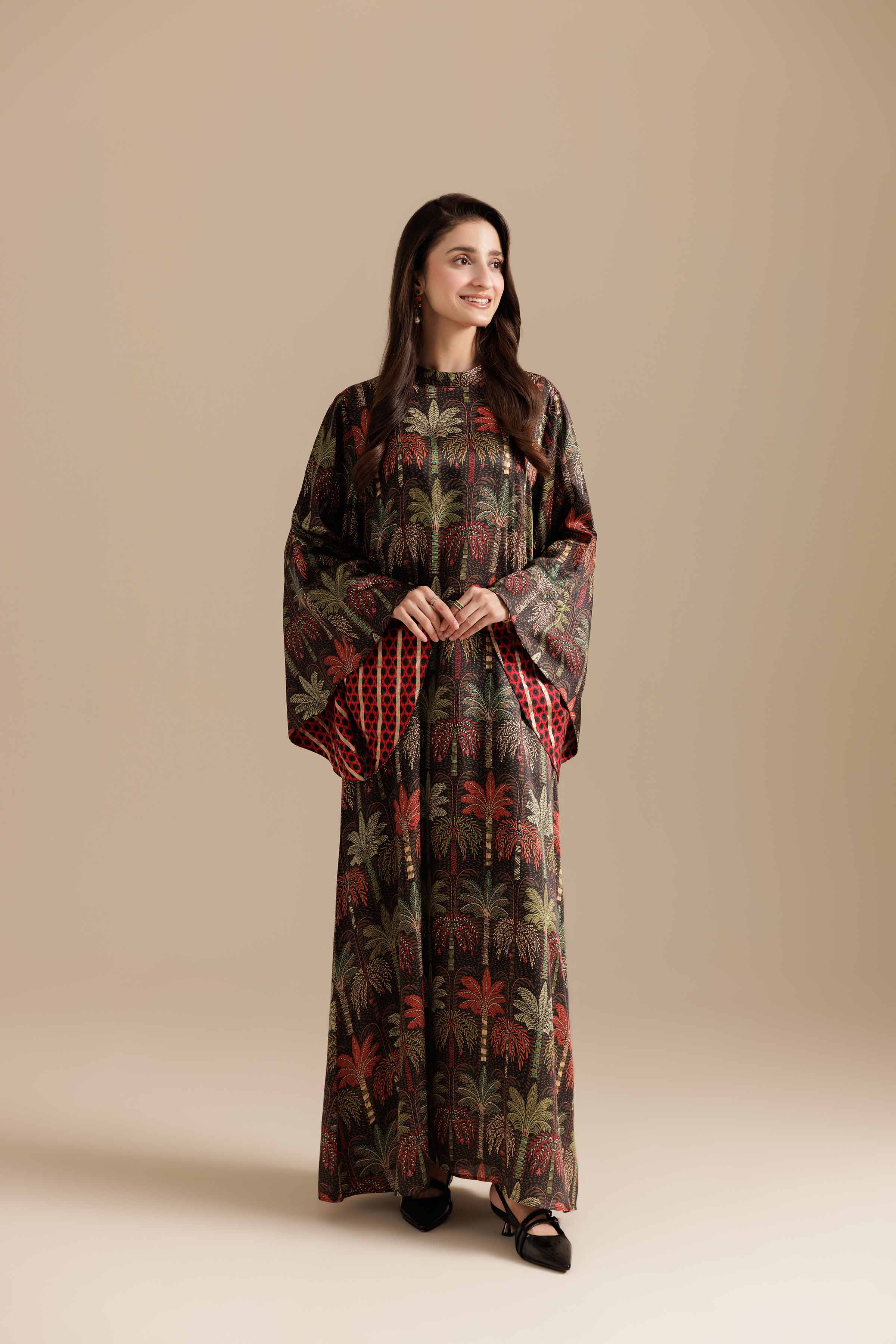 NishatUK - Green Printed Silk 1-piece ready to wear Long Dress