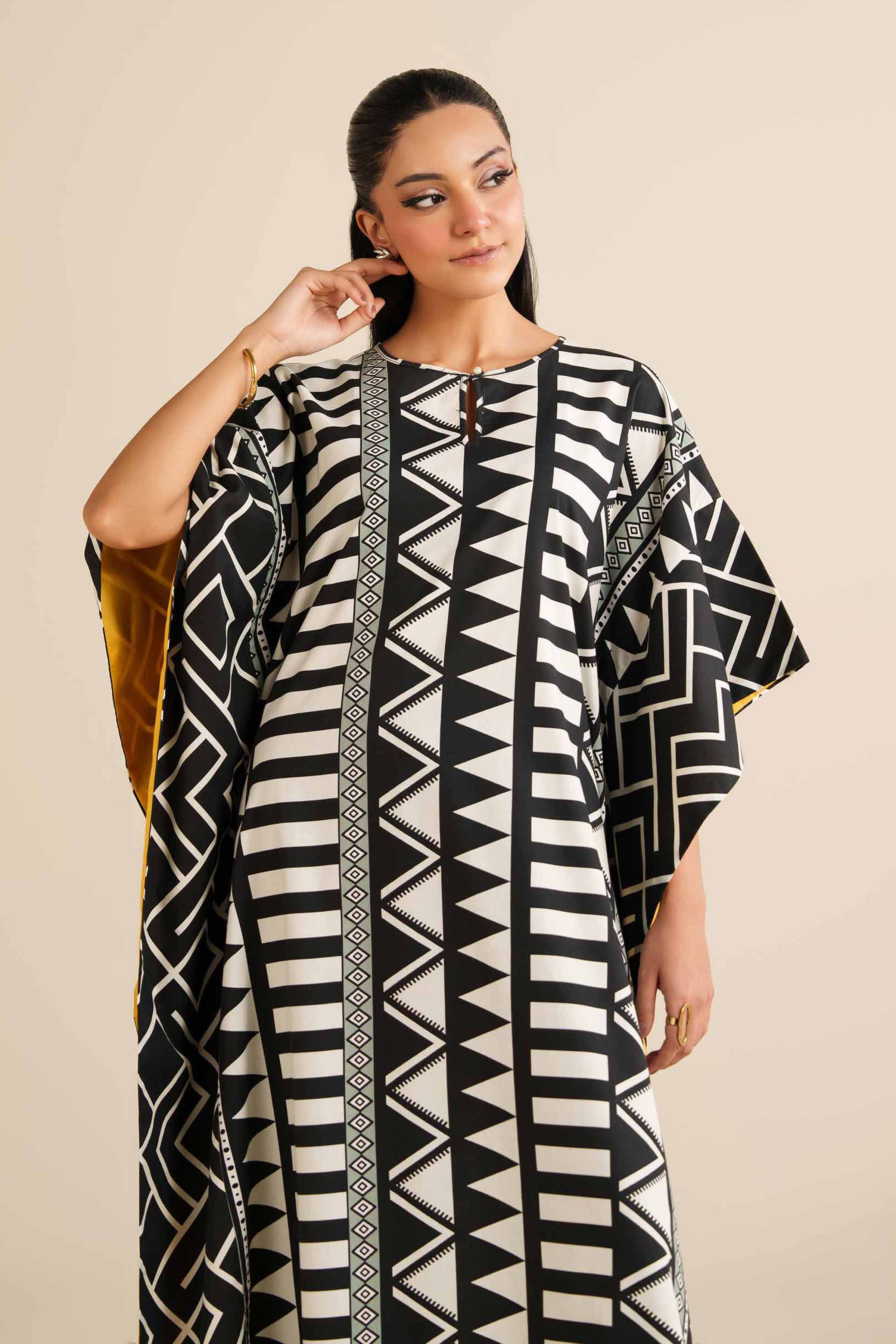 NishatUK - Black & White Viscose 1-piece ready to wear Long Dress