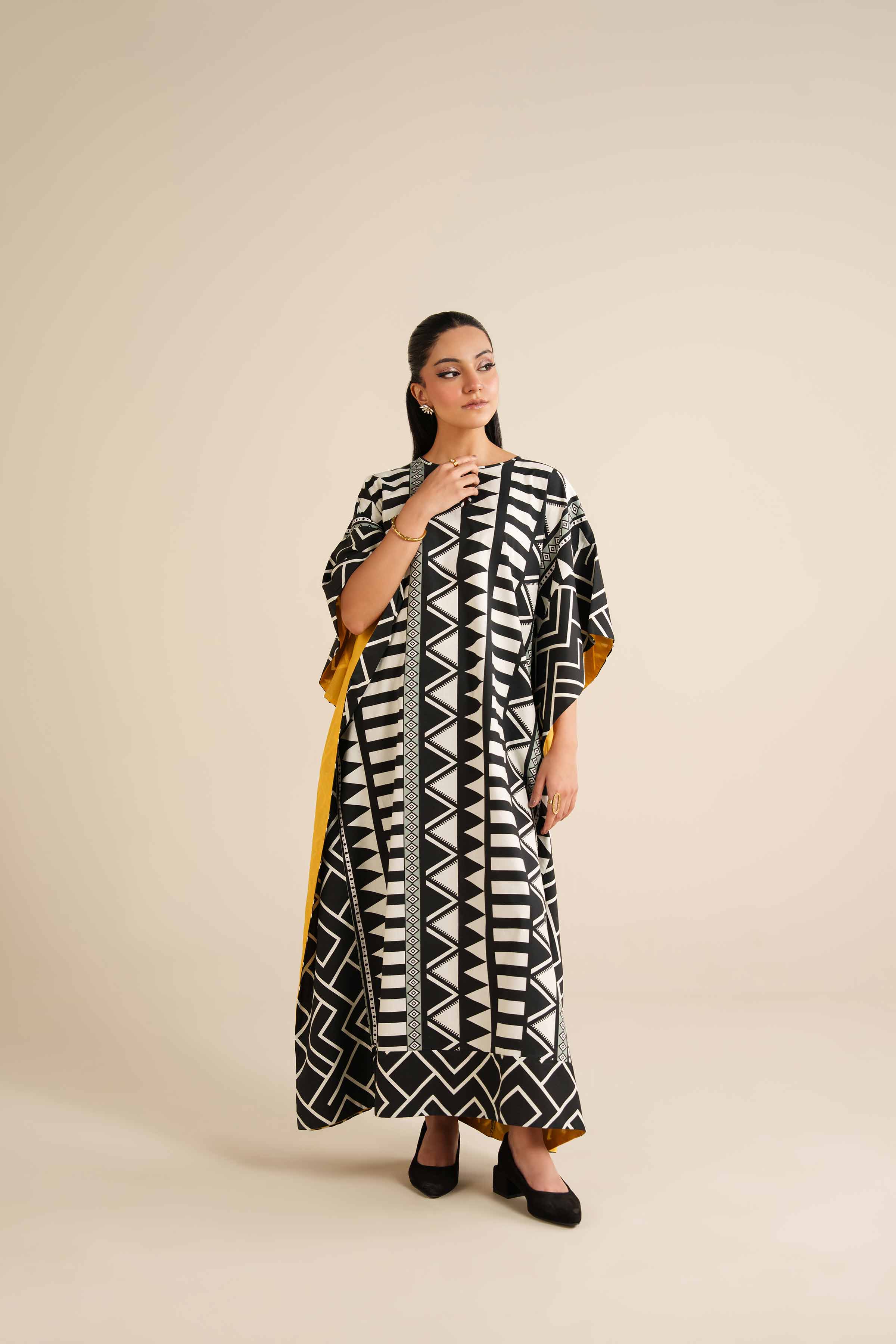 NishatUK - Black & White Viscose 1-piece ready to wear Long Dress