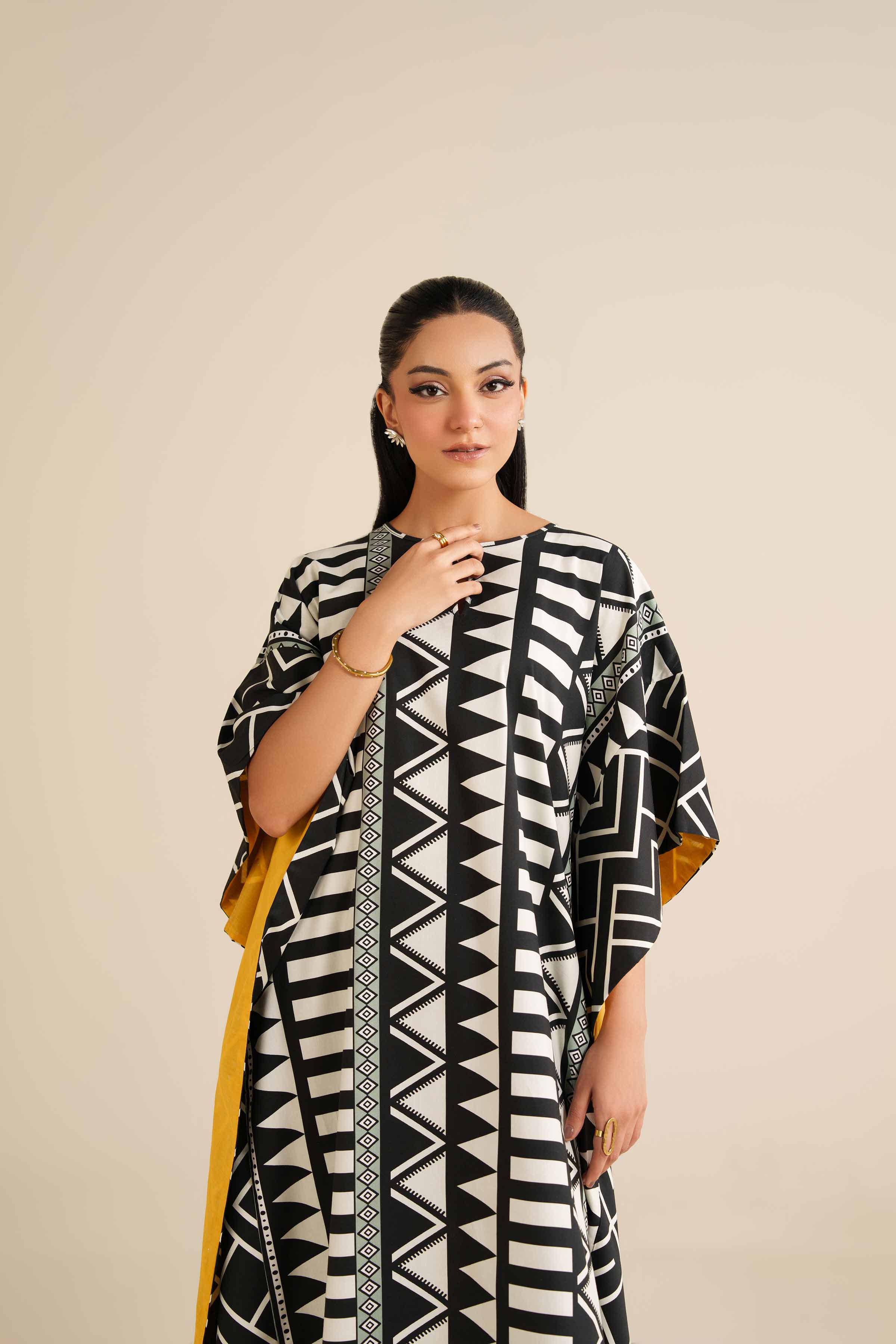 NishatUK - Black & White Viscose 1-piece ready to wear Long Dress