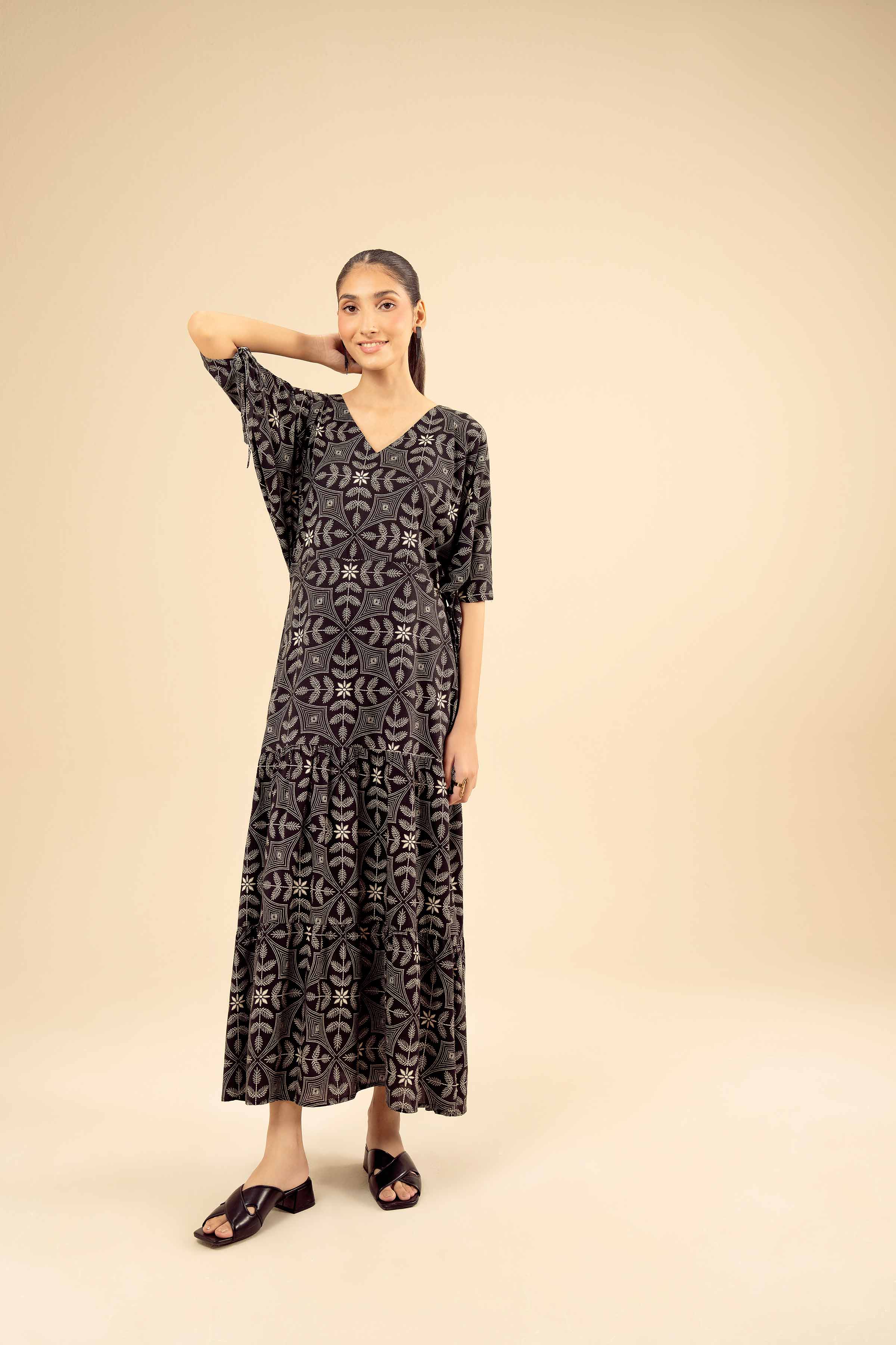NishatUK - Black Printed Cotton 1-piece ready to wear Fustan