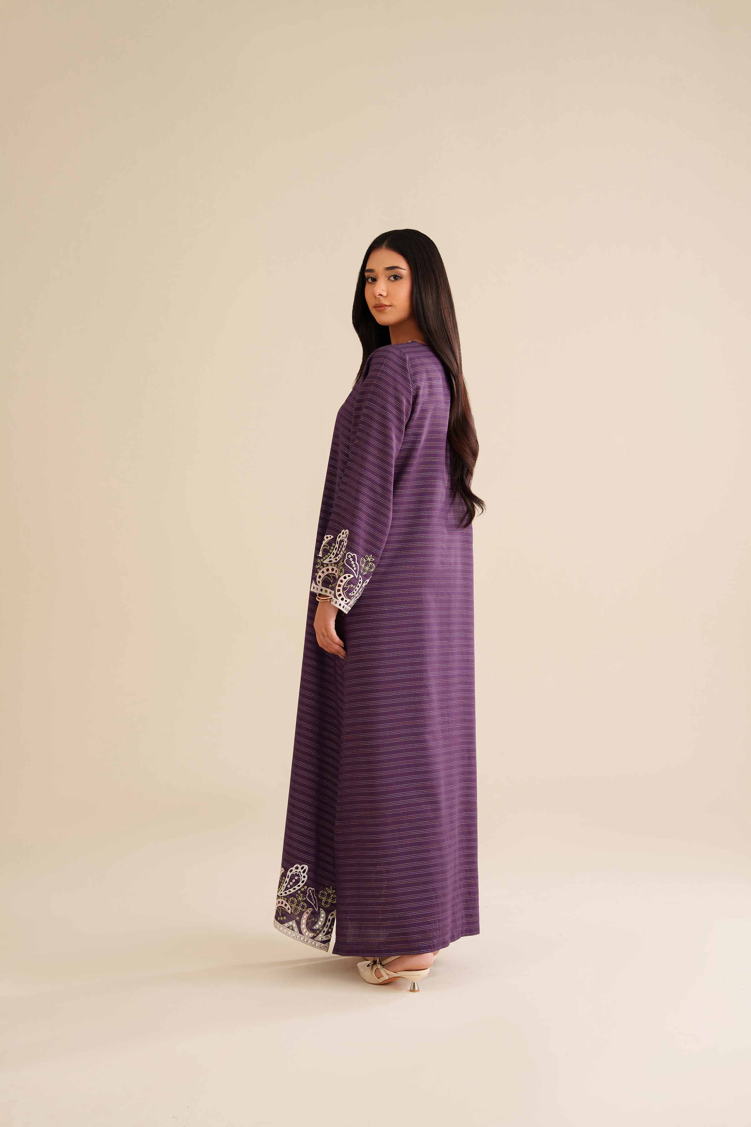 NishatUK - Purple Fancy Stripe 1-piece ready to wear Long Dress