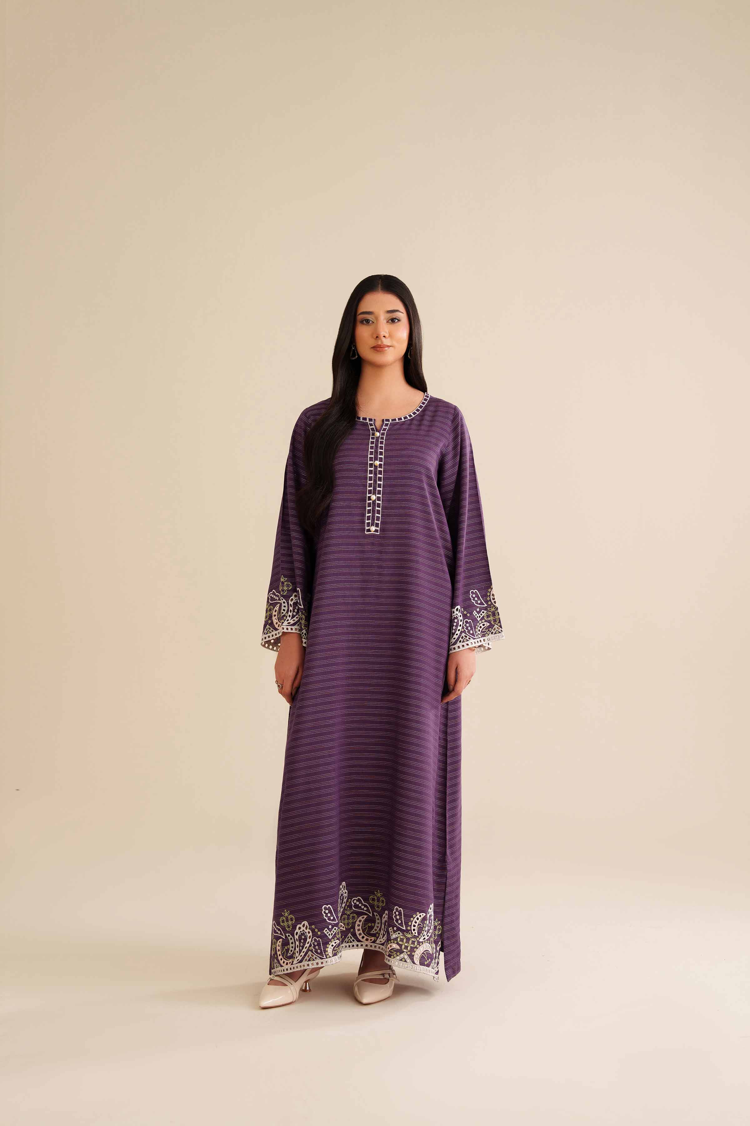 NishatUK - Purple Fancy Stripe 1-piece ready to wear Long Dress